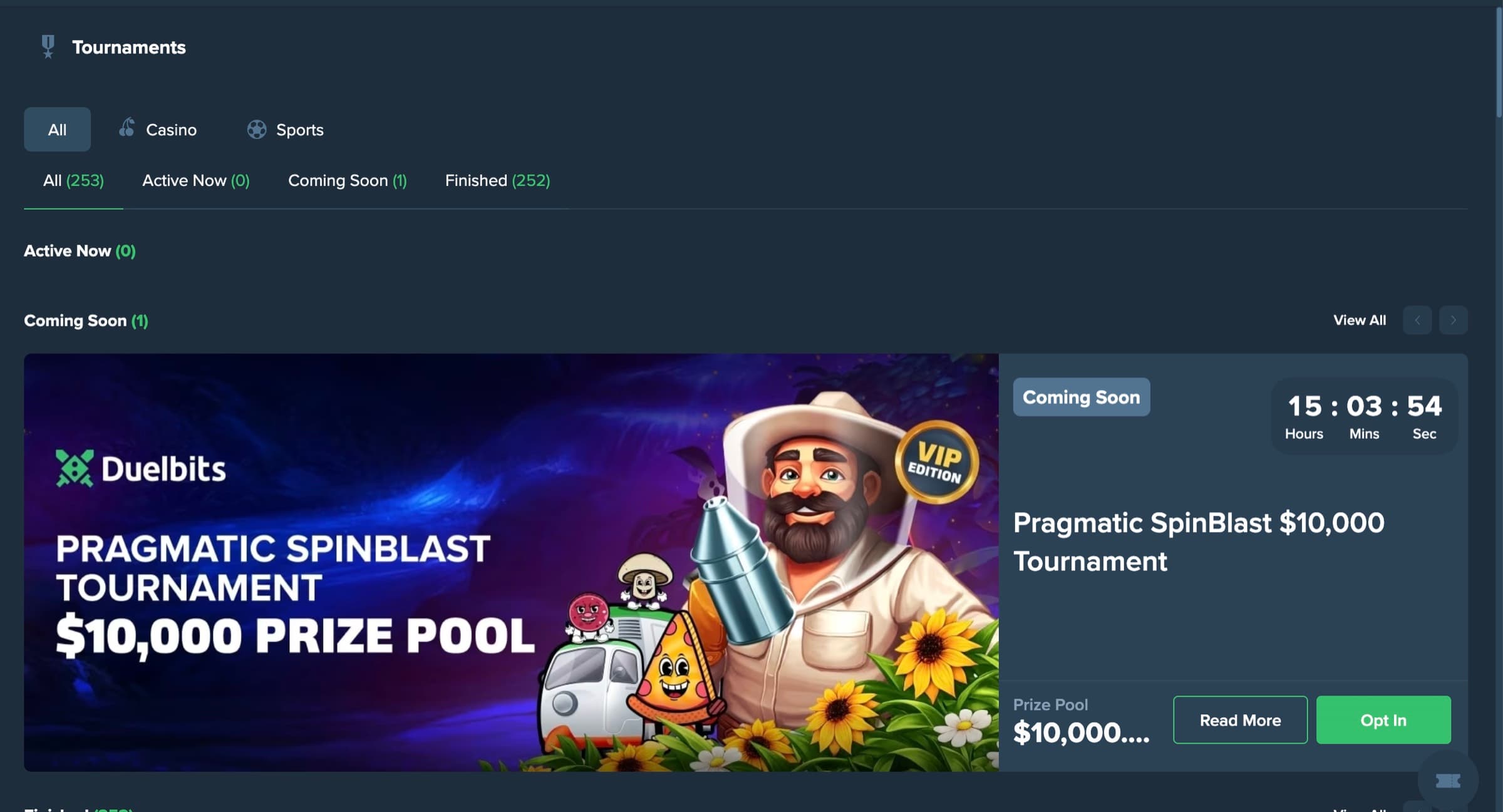 Tournaments hub — 253 total / Active Now 0 / Coming Soon 1 / Finished 252 — Pragmatic SpinBlast $10,000 Tournament VIP Edition with 15h 03m 54s countdown, Read More + Opt In CTAs, prize pool $10,000