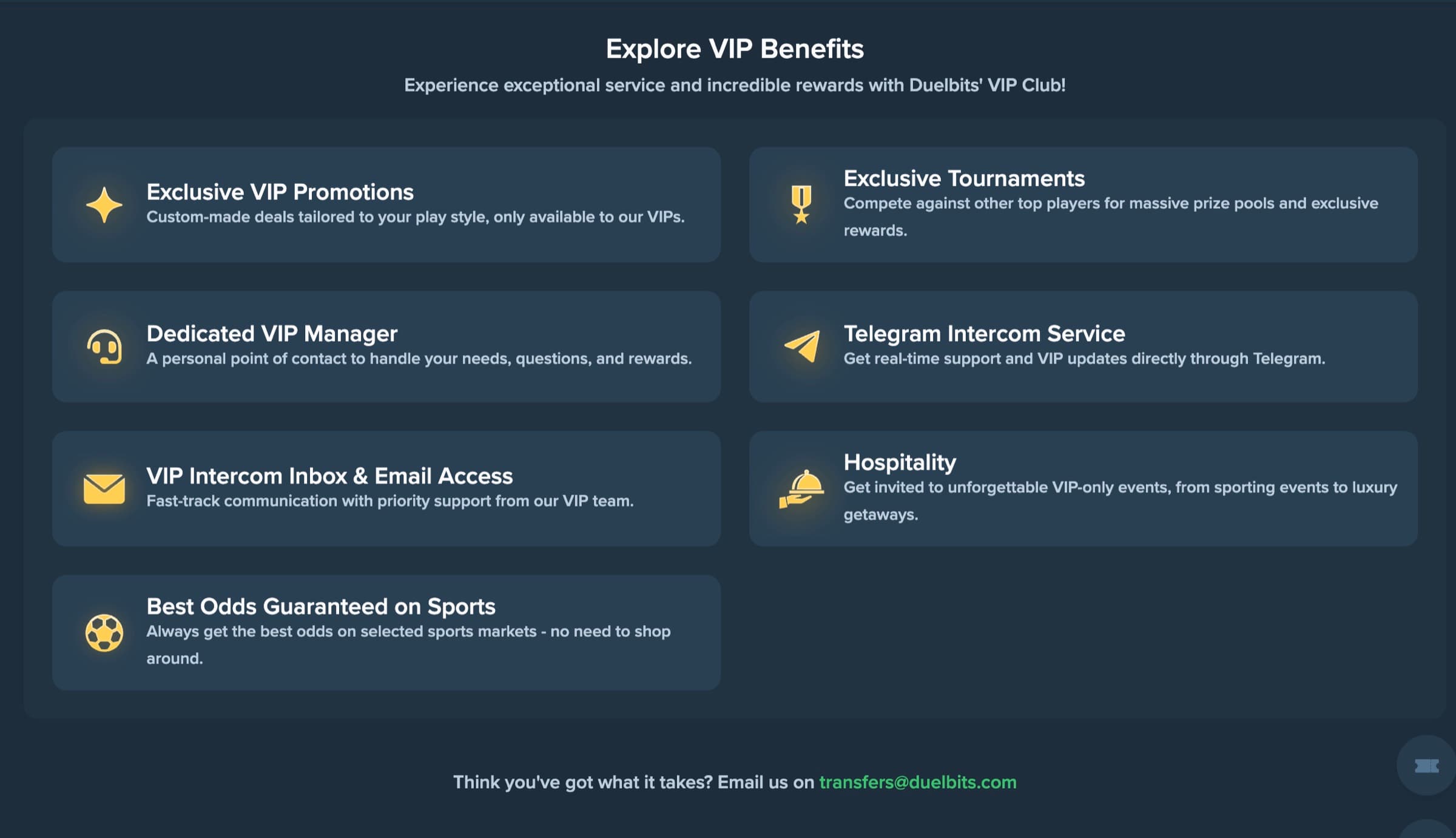 Explore VIP Benefits — Exclusive VIP Promotions (custom deals to play style), Exclusive Tournaments (top players, massive pools), Dedicated VIP Manager (personal contact), Telegram Intercom Service (real-time support + updates), VIP Intercom Inbox & Email Access (priority support), Hospitality (sporting events + luxury getaways), Best Odds Guaranteed on Sports (no need to shop around) — Email transfers@duelbits.com