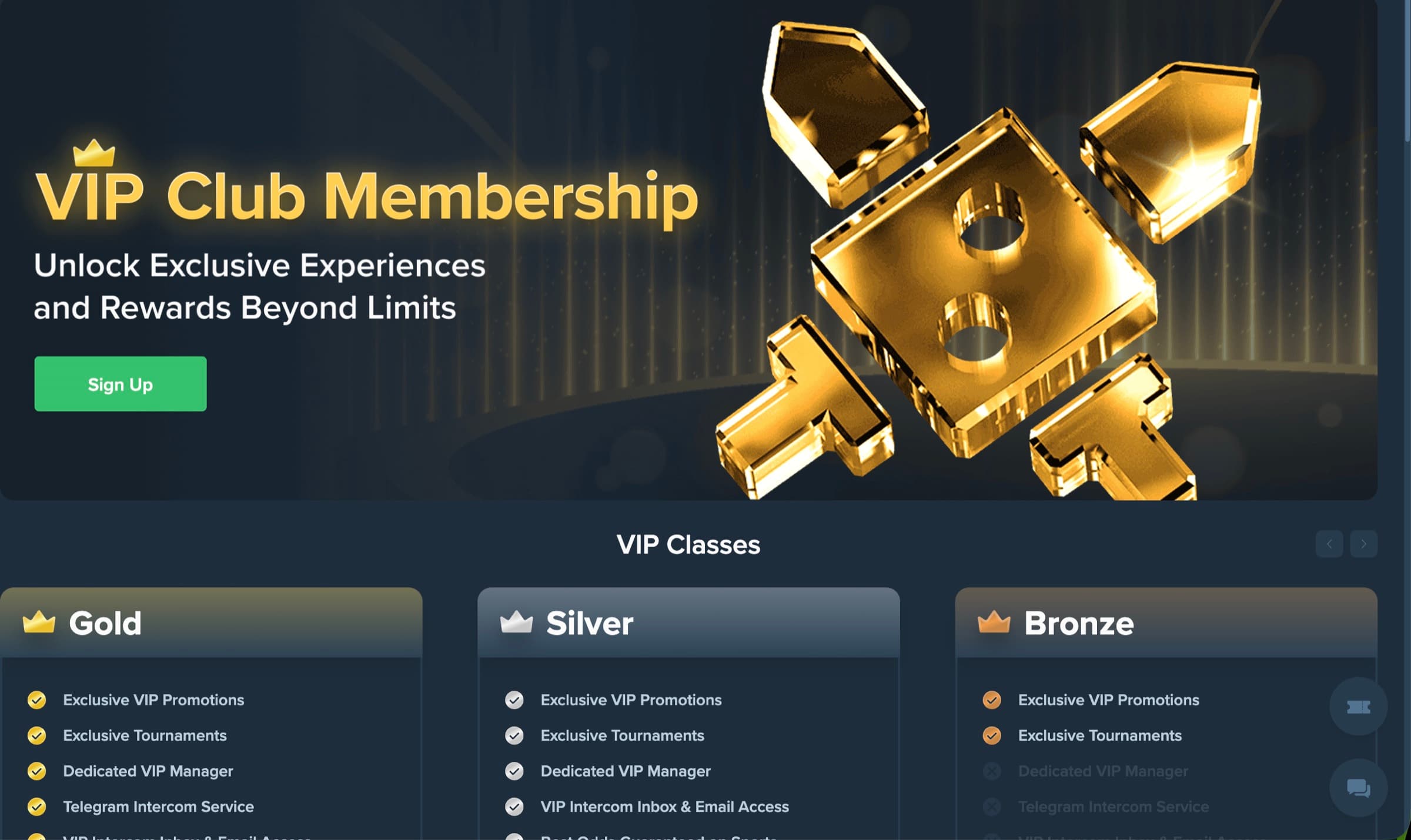 VIP Club Membership hero — Unlock Exclusive Experiences and Rewards Beyond Limits, Sign Up CTA, gold treasure 3D render, Gold/Silver/Bronze class cards with Exclusive VIP Promotions / Tournaments / Dedicated VIP Manager / Telegram Intercom Service perks