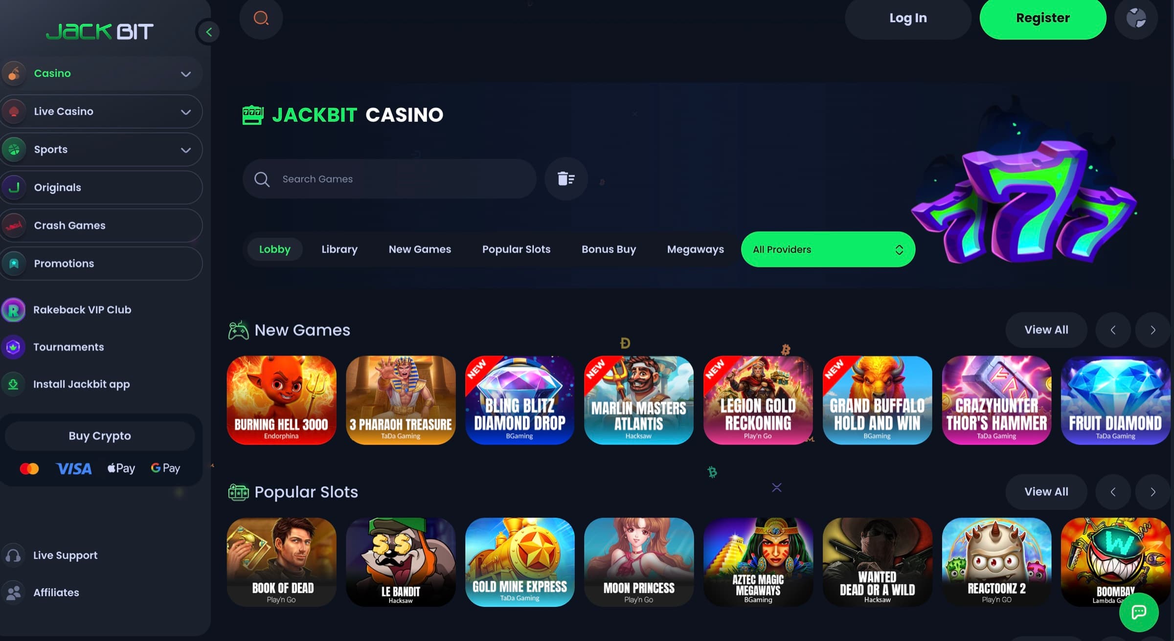 Jackbit casino lobby with green Jackbit branding, New Games and Popular Slots rows including Burning Hell 2000 and Book of Dead