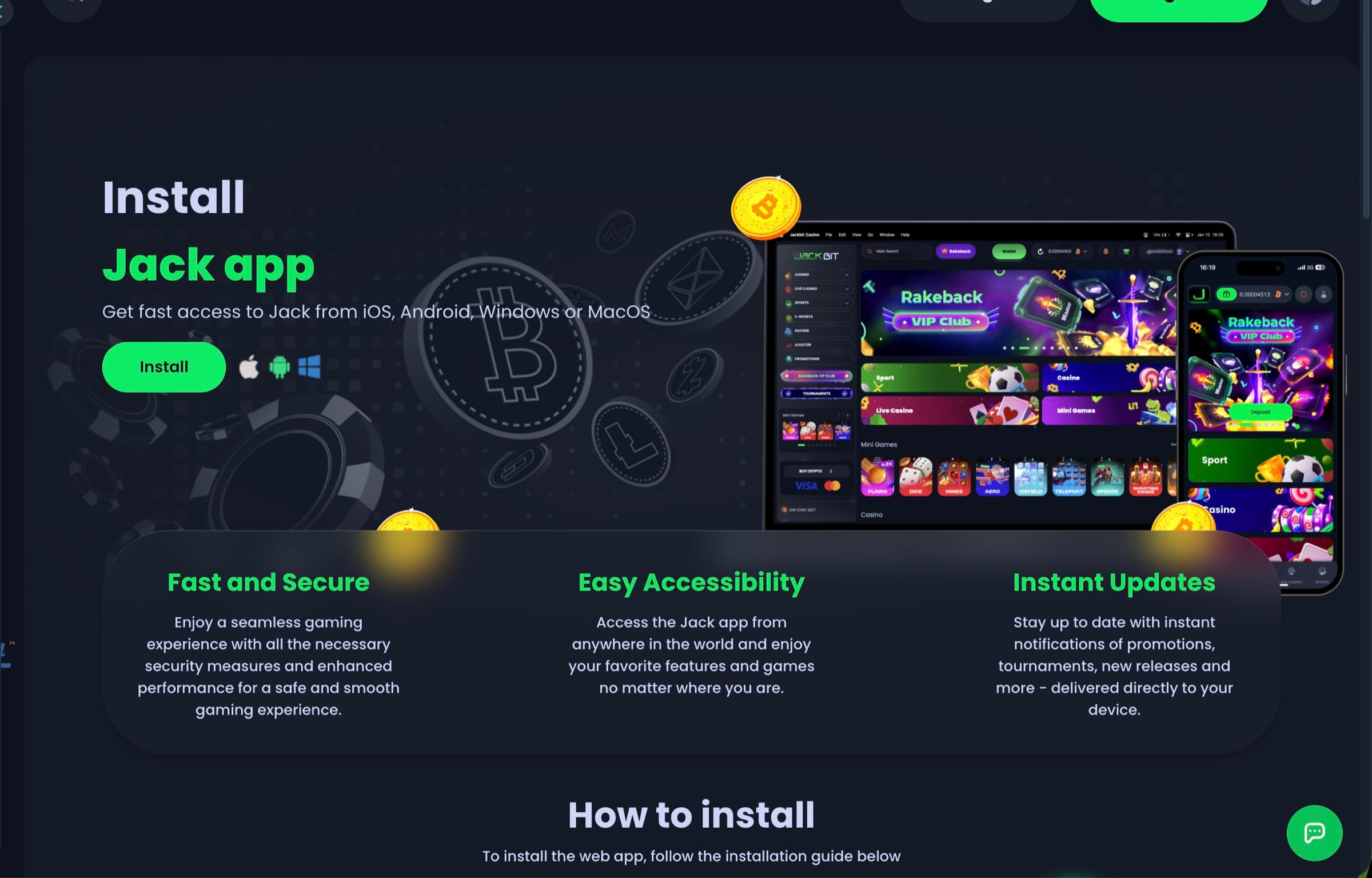 Jackbit Install Jack app page showing iOS, Android, Windows and macOS support with Fast and Secure, Easy Accessibility and Instant Updates feature highlights