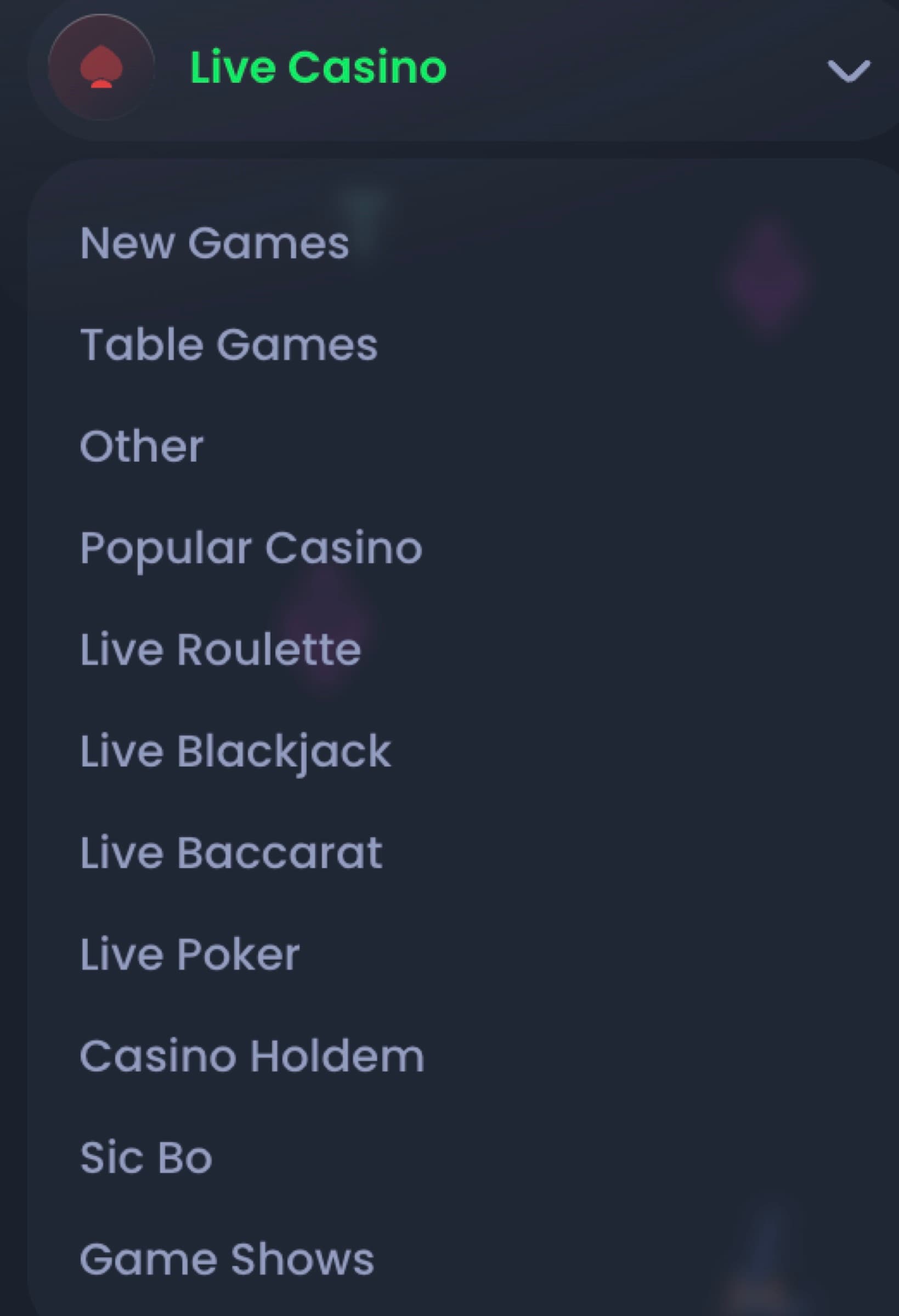 Jackbit Live Casino sidebar dropdown listing 11 categories from New Games to Game Shows
