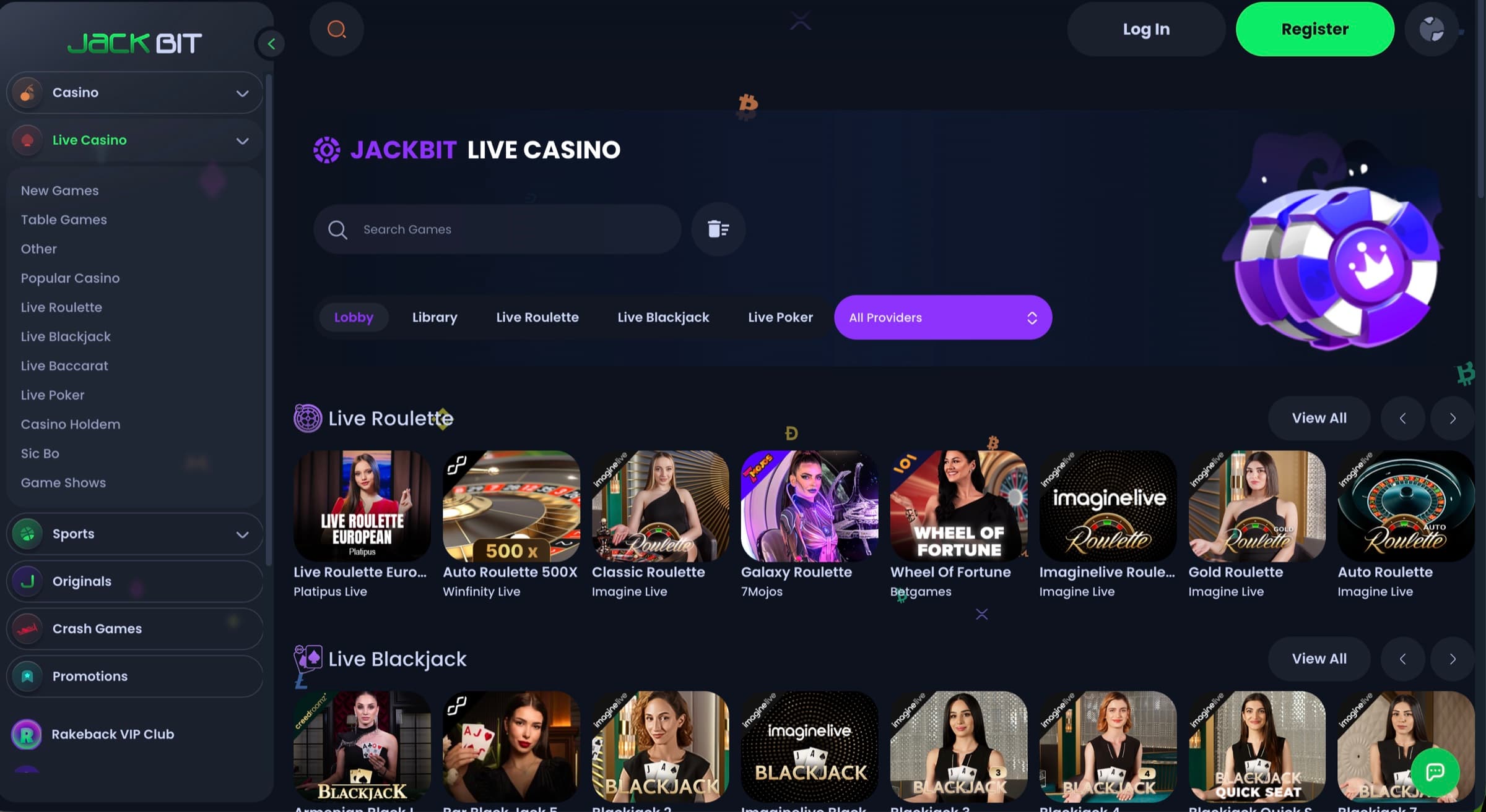 Jackbit Live Casino lobby with Live Roulette and Live Blackjack rows showing Imaginelive and Pragmatic tables