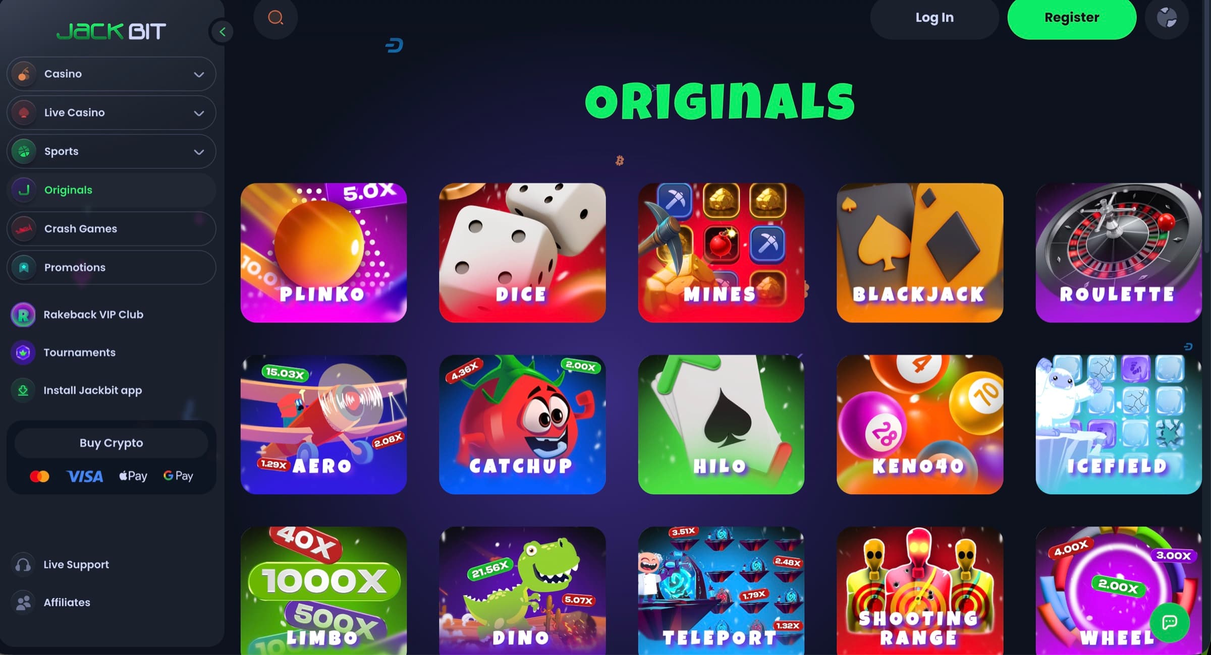 Jackbit Originals lobby with Plinko, Dice, Mines, Blackjack, Roulette, Aero, Catchup, Hilo, Keno40, Icefield, Limbo, Dino, Teleport, Shooting Range and Wheel tiles