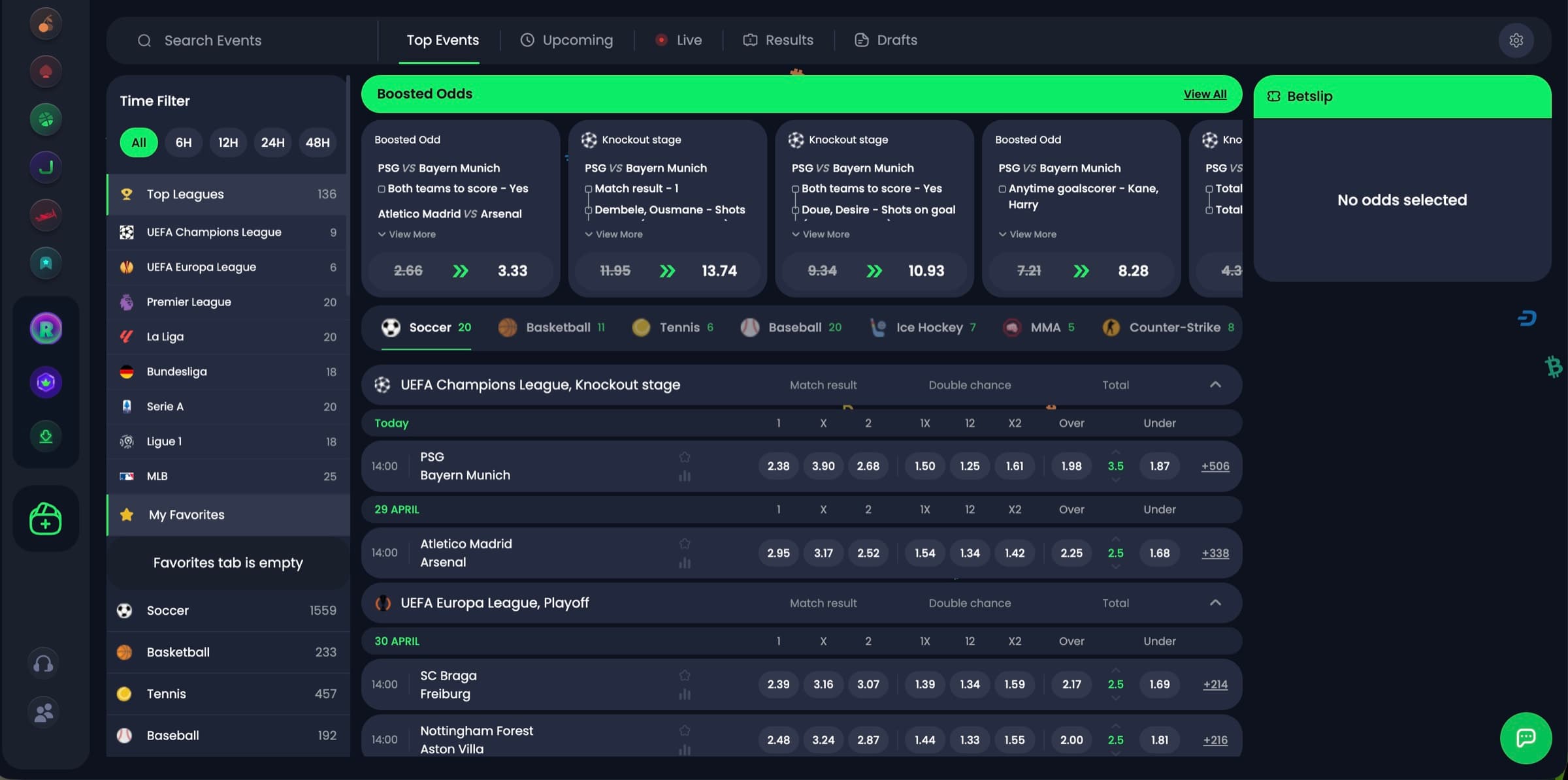 Jackbit sportsbook with Top Events tab, Boosted Odds for PSG vs Bayern Munich and UEFA Champions League knockout stage matches