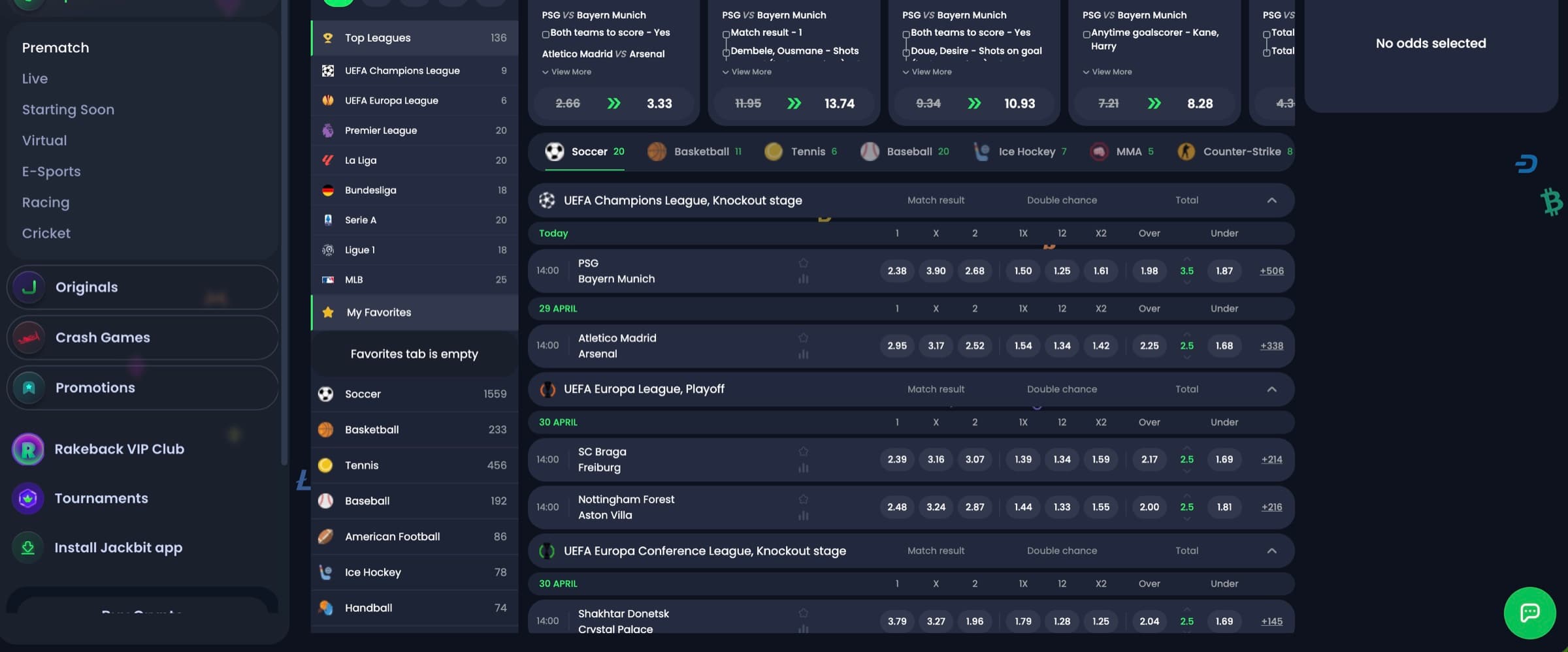 Jackbit sportsbook left rail with Prematch, Live, Starting Soon, Virtual, E-Sports and Racing filters and full sport list