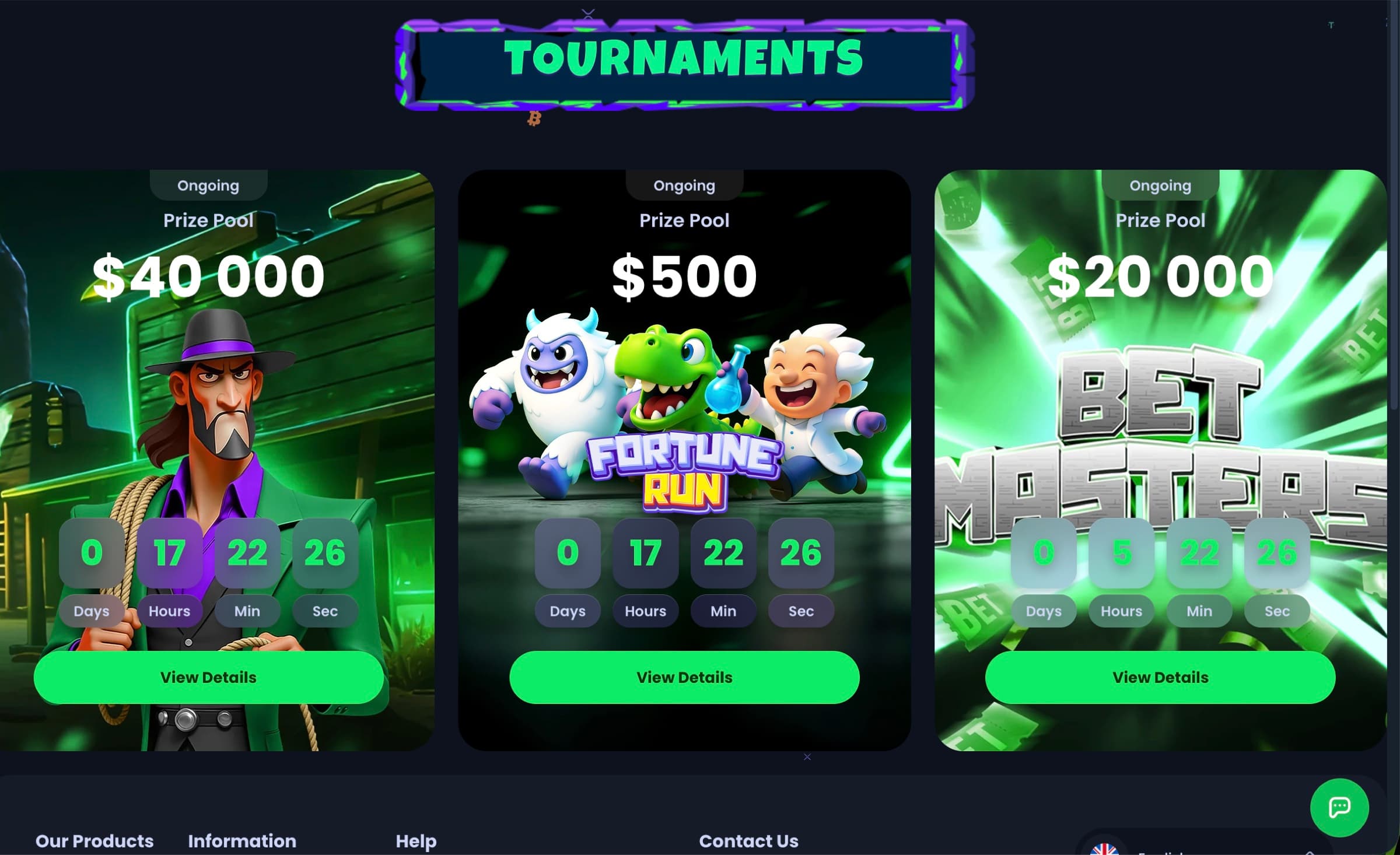 Jackbit tournaments page with $40,000, $500 Fortune Run and $20,000 Bet Masters prize pools and live countdown timers