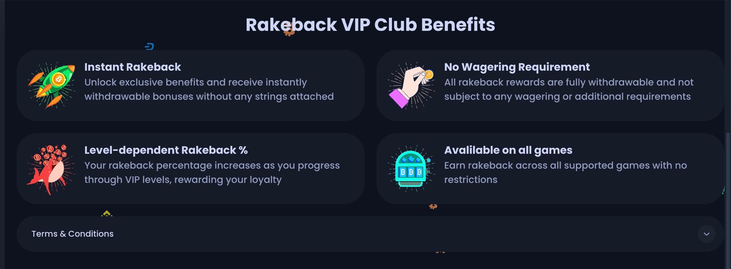 Jackbit Rakeback VIP Club Benefits panel with Instant Rakeback, No Wagering Requirement, Level-dependent Rakeback percentage, and Available on all games