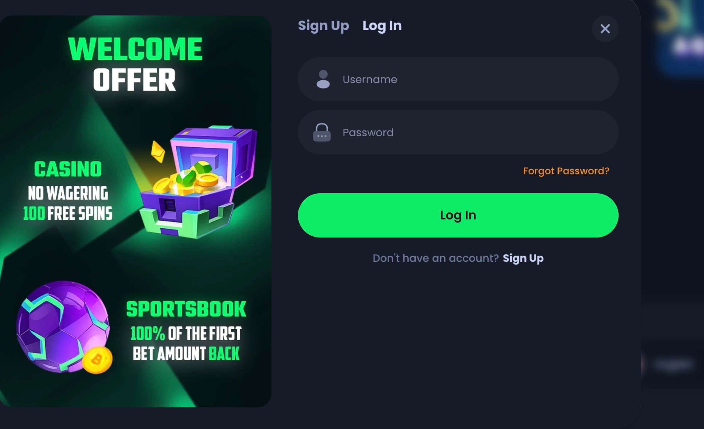 Jackbit welcome offer modal showing CASINO no wagering 100 free spins and SPORTSBOOK 100 percent of the first bet amount back