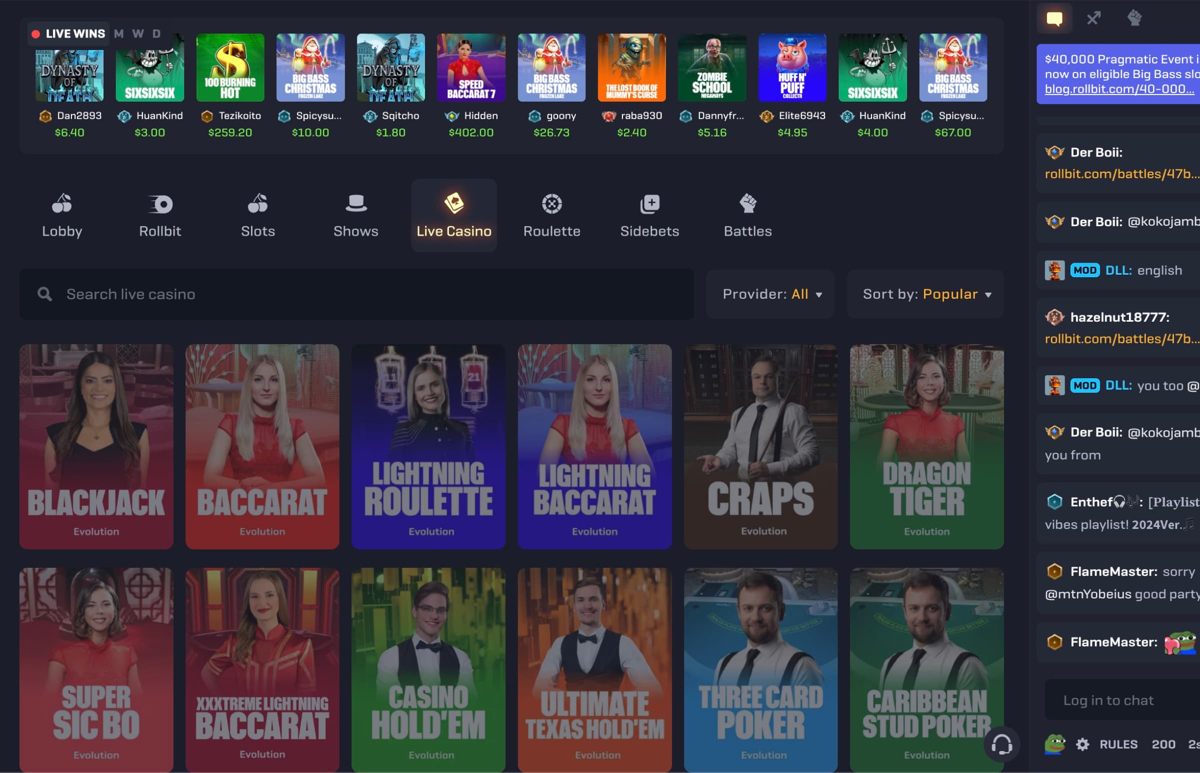Live Casino lobby with Lobby/Rollbit/Slots/Shows/Live Casino/Roulette/Sidebets/Battles tabs, Live Wins ticker top, Provider All filter, Blackjack/Baccarat/Lightning Roulette/Lightning Baccarat/Craps/Dragon Tiger/Super Sic Bo/XXXTreme Lightning Baccarat/Casino Hold'em/Ultimate Texas Hold'em/Three Card Poker/Caribbean Stud Poker tile grid, persistent chat right rail