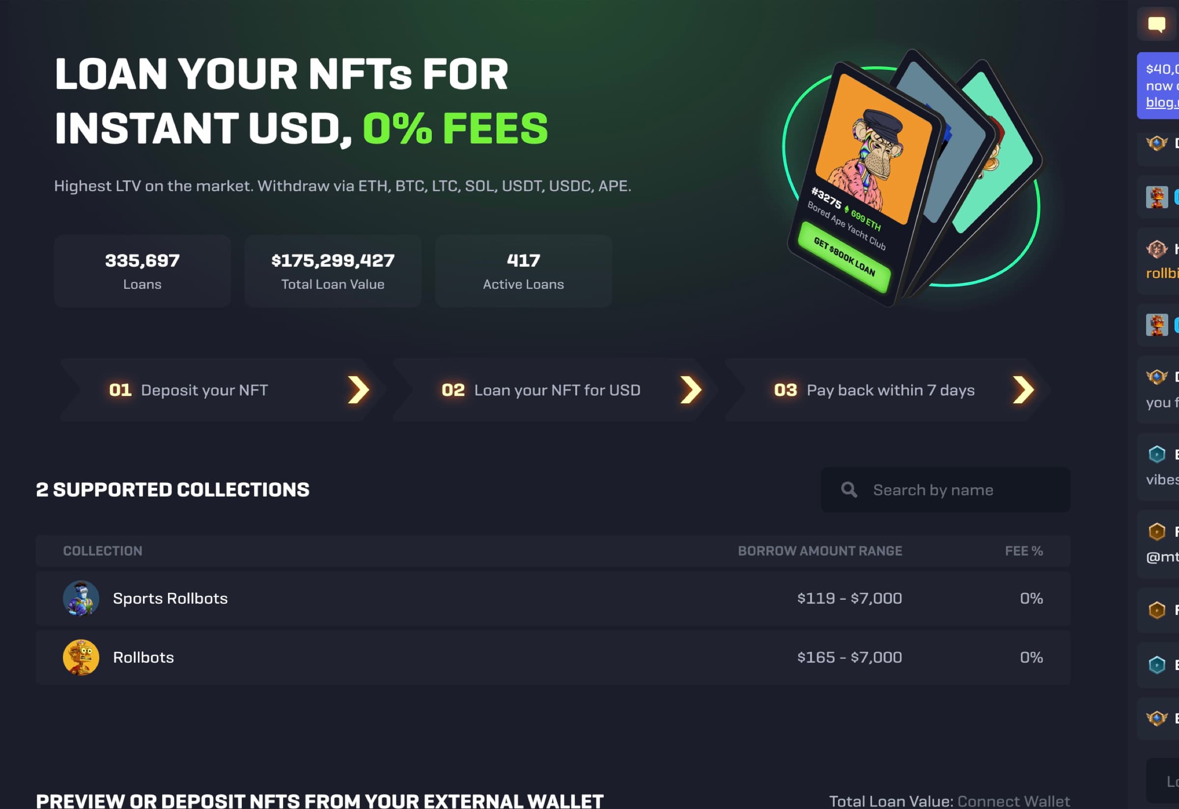 NFT Loans page — Loan your NFTs for instant USD 0% fees, Highest LTV on the market, withdraw via ETH/BTC/LTC/SOL/USDT/USDC/APE, live counters 335,697 Loans / $175,299,427 Total Loan Value / 417 Active Loans, three-step funnel (01 Deposit your NFT / 02 Loan your NFT for USD / 03 Pay back within 7 days), 2 Supported Collections — Sports Rollbots ($119-$7,000, 0% fee) and Rollbots ($165-$7,000, 0% fee)