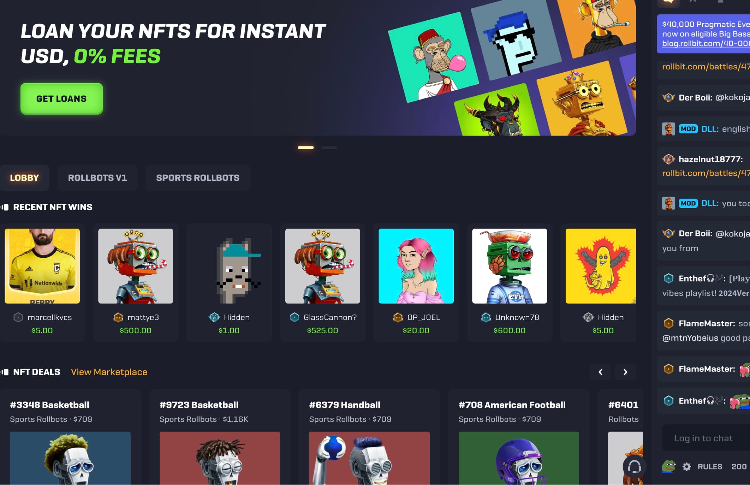 NFT Marketplace — Loan your NFTs for instant USD 0% fees banner, Lobby/Rollbots V1/Sports Rollbots tabs, Recent NFT Wins ticker (marcellxvcs $5, mattyz3 $500, Hidden $1, GlassCannon7 $525, OP_JOEL $20, Unknown76 $600, Hidden $5), NFT Deals listing (#3348 Basketball Sports Rollbots $709, #9723 $1,116, #6379 Handball $709, #708 American Football $709, #6401 Rollbots)