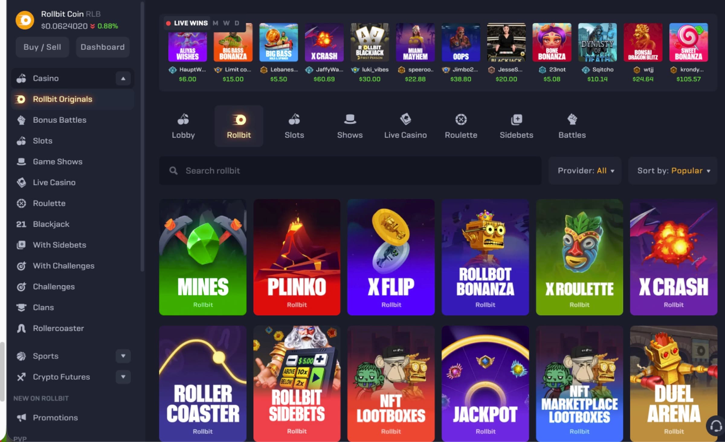 Rollbit Originals lobby — Mines, Plinko, X Flip, Rollbot Bonanza, X Roulette, X Crash, Roller Coaster, Rollbit Sigbets, NFT Lootboxes, Jackpot, Marketplace Lootboxes, Duel Arena tile grid