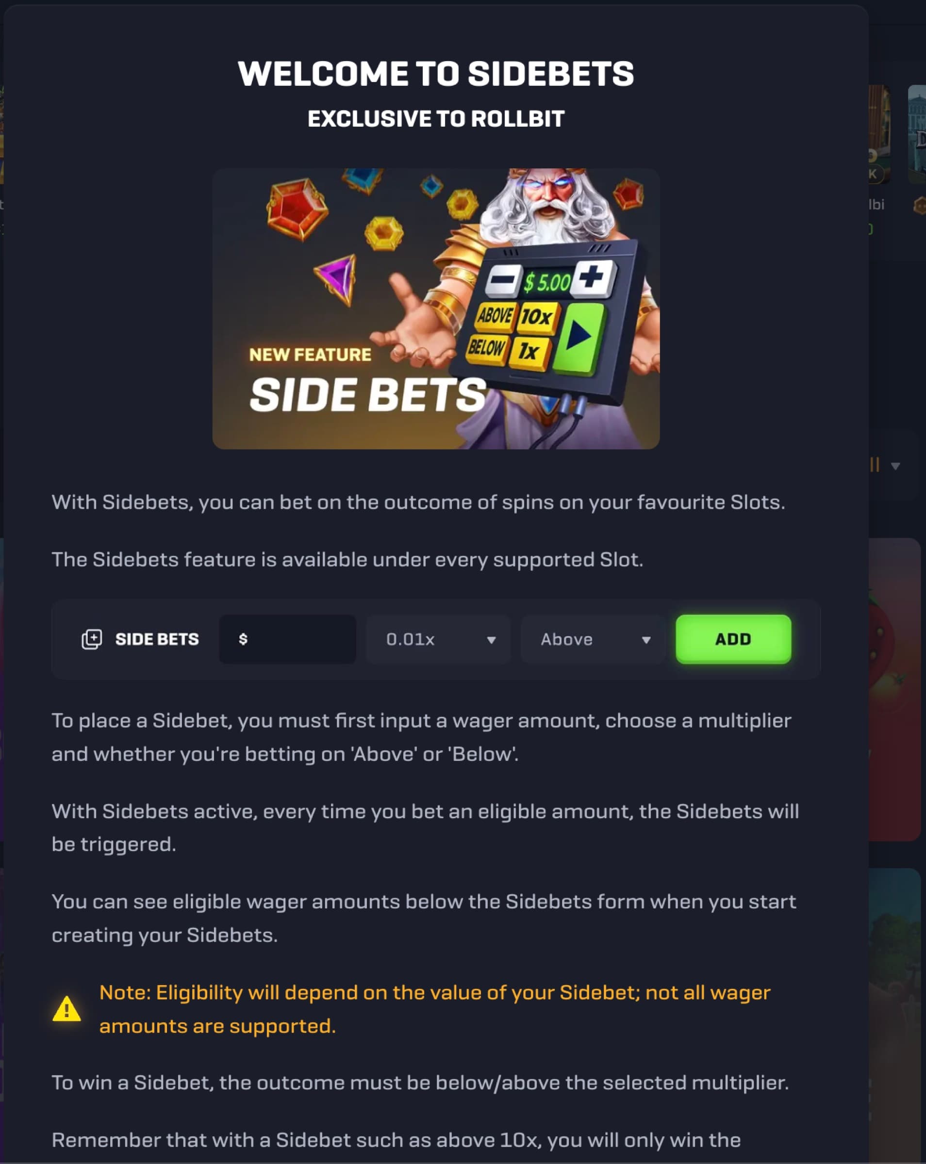 Welcome to Sidebets modal — Exclusive to Rollbit, bet on the outcome of slot spins, multiplier + Above/Below selector, ADD CTA, eligibility caveat (depends on value of Sidebet, not all wager amounts trigger), 10x+ multiplier rule (must hit threshold not approach)