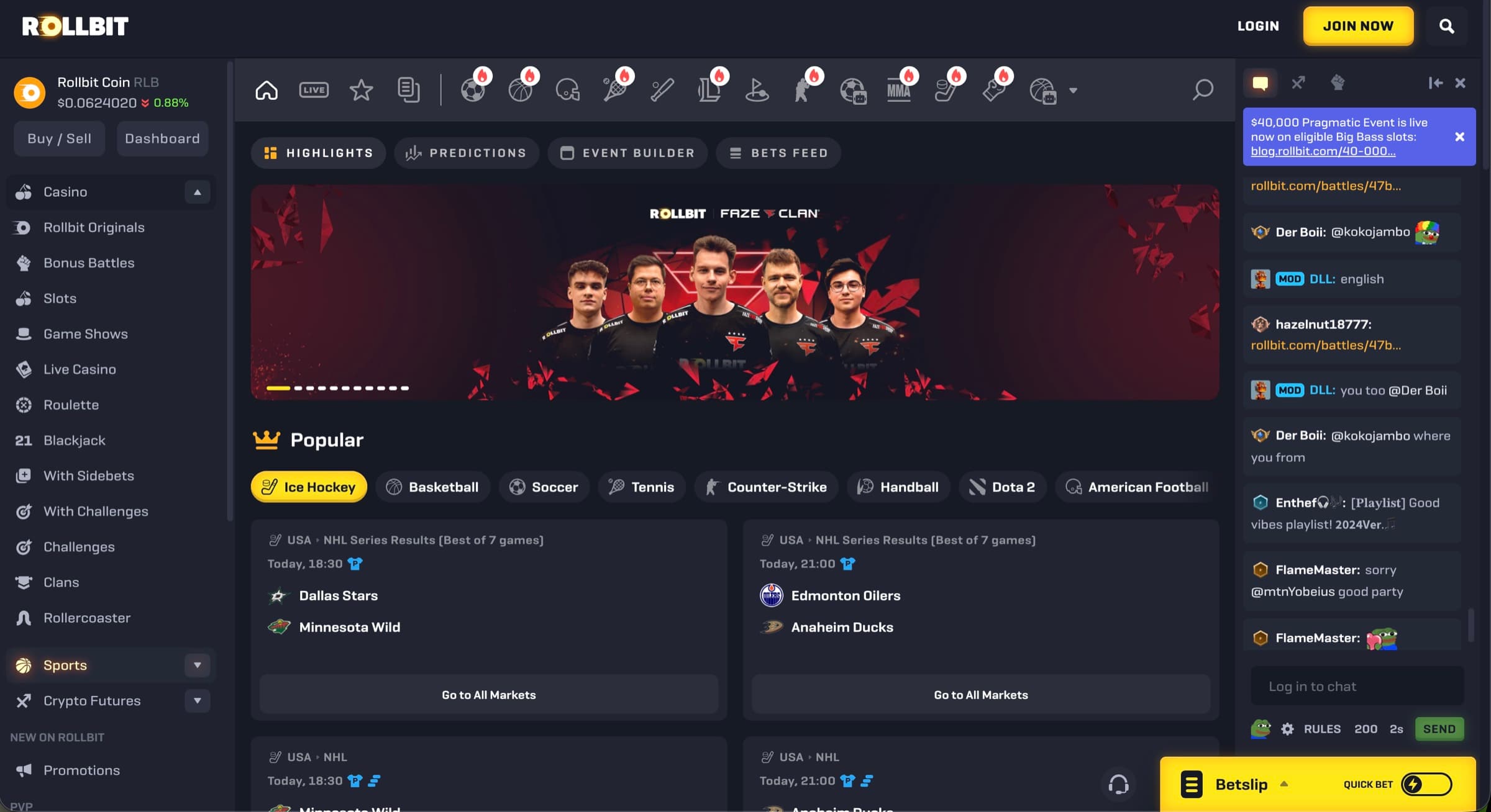 Rollbit sportsbook — Rollbit Coin RLB ticker top-left at $0.024 +0.99%, Highlights/Predictions/Event Builder/Bets Feed tabs, FaZe Clan partnership banner, Popular row (Ice Hockey active, Basketball, Soccer, Tennis, Counter-Strike, Handball, Dota 2, American Football), USA NHL Series Results (Best of 7) Dallas Stars vs Minnesota Wild + Edmonton Oilers vs Anaheim Ducks featured, Go to All Markets CTAs, Betslip right-rail bottom