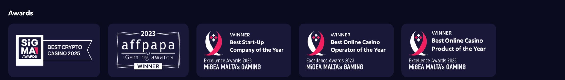 Roobet awards — SiGMA Best Crypto Casino 2025, AffPapa 2023, MiGEA 2023 Best Start-Up, Best Online Casino Operator, Best Online Casino Product