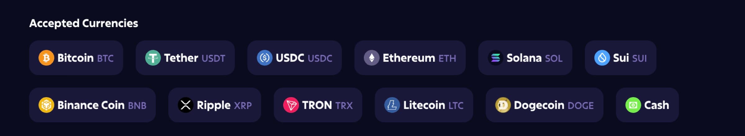 Roobet accepted currencies — BTC, USDT, USDC, ETH, SOL, SUI, BNB, XRP, TRX, LTC, DOGE, Cash