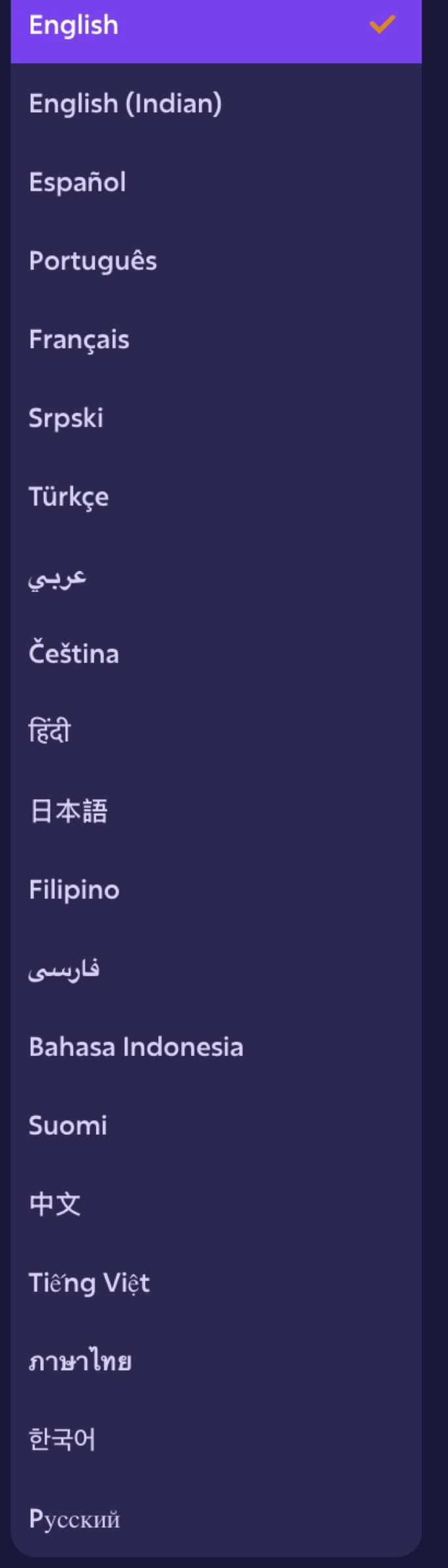 Roobet language switcher — English, Indian English, Español, Português, Français, Srpski, Türkçe, Arabic, Čeština, Hindi, 日本語, Filipino, Persian, Bahasa Indonesia, Suomi, 中文, Tiếng Việt, ภาษาไทย, 한국어, Русский