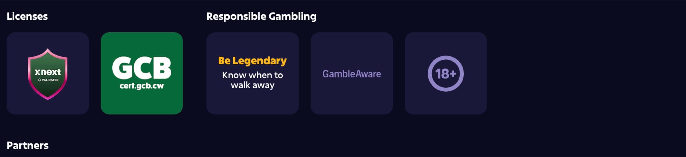 Roobet footer licences — xnext validated, GCB cert.gcb.cw, Be Legendary, GambleAware, 18+