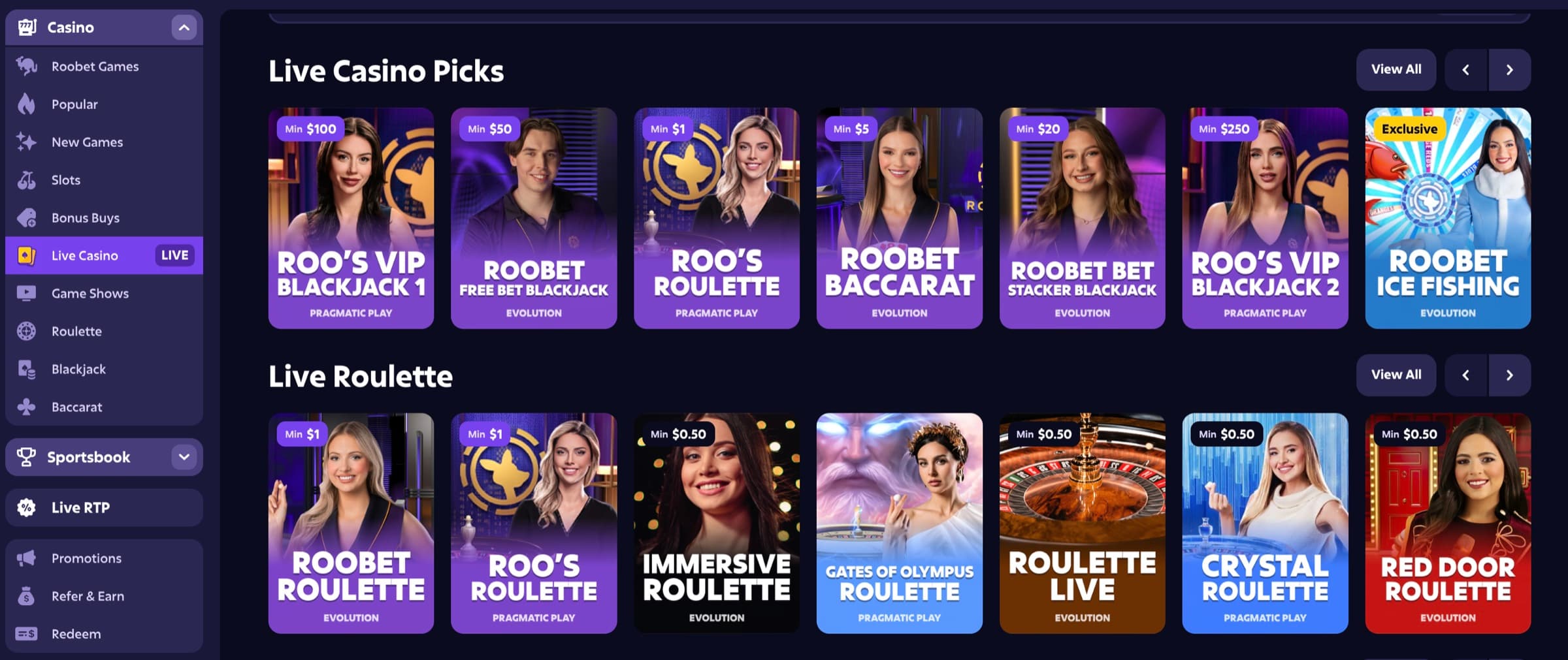 Live Casino Picks at Roobet — Roo's VIP Blackjack, Roobet Free Bet, Roo's Roulette, Roobet Baccarat, Bet Stacker, VIP Blackjack 2, Roobet Ice Fishing