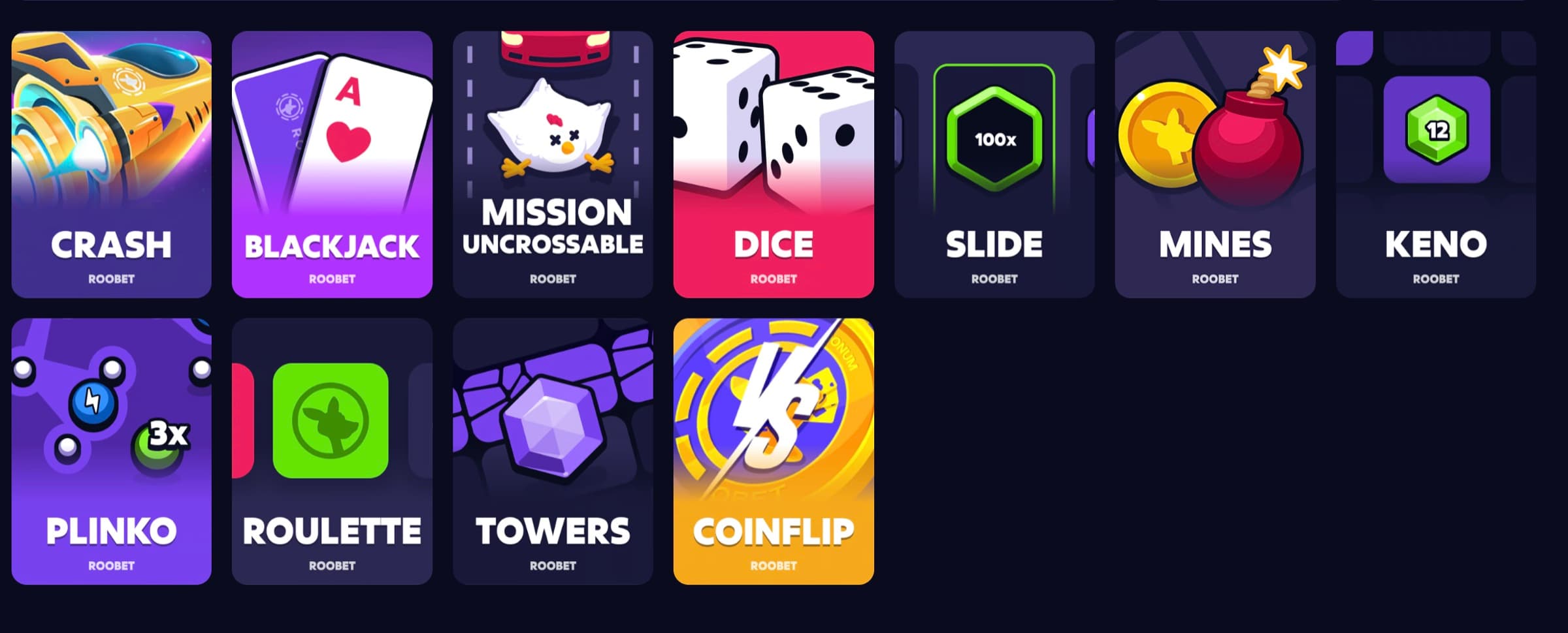 Roobet Originals — Crash, Blackjack, Mission Uncrossable, Dice, Slide, Mines, Keno, Plinko, Roulette, Towers, Coinflip