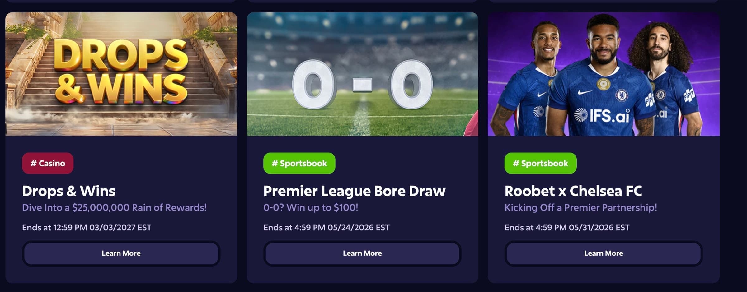 Drops & Wins, Premier League Bore Draw, Roobet x Chelsea FC promotional tiles with deadline dates