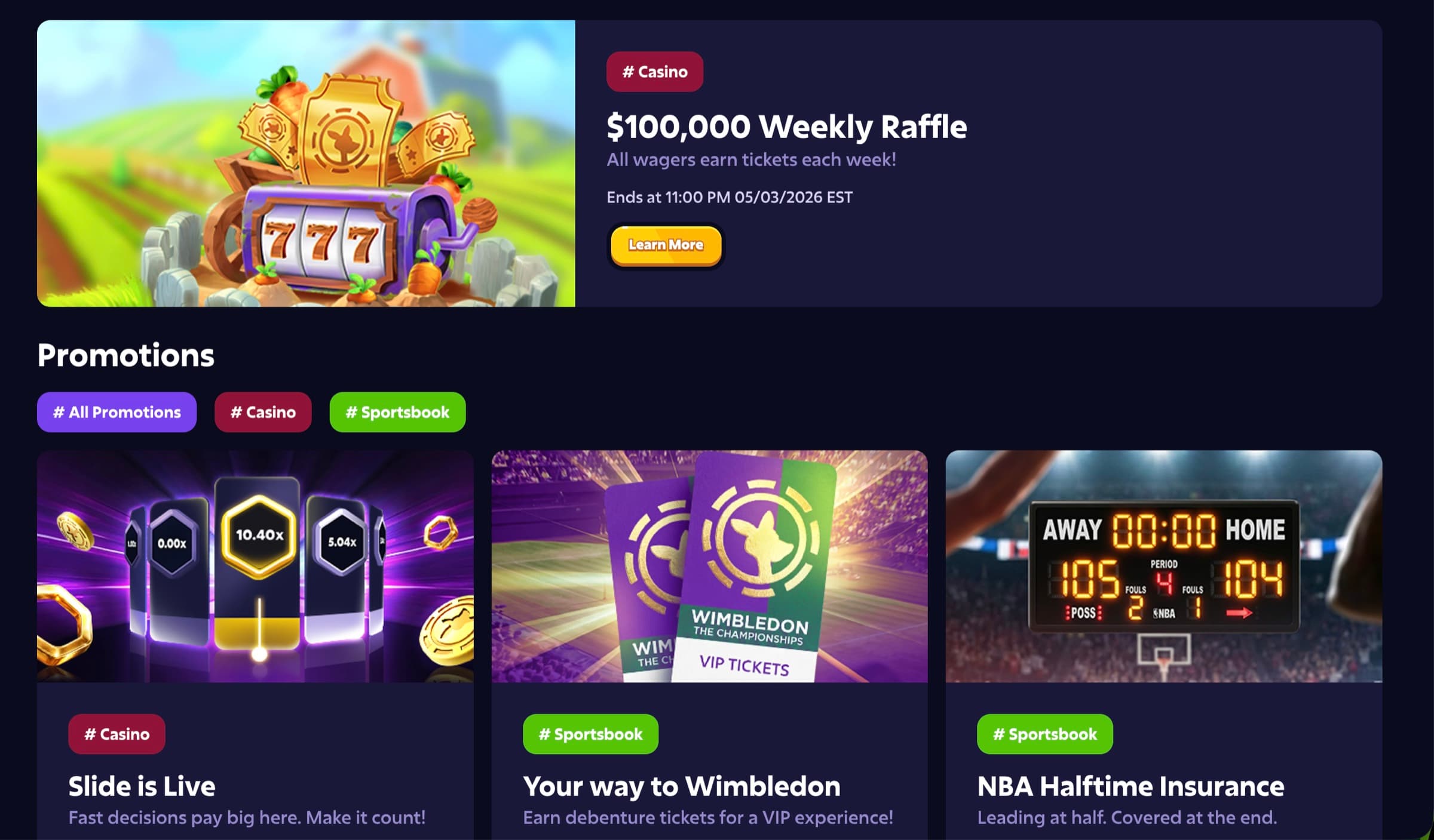 Roobet promotions hub — $100,000 Weekly Raffle, Slide is Live, Your way to Wimbledon, NBA Halftime Insurance, sport/casino tag filters