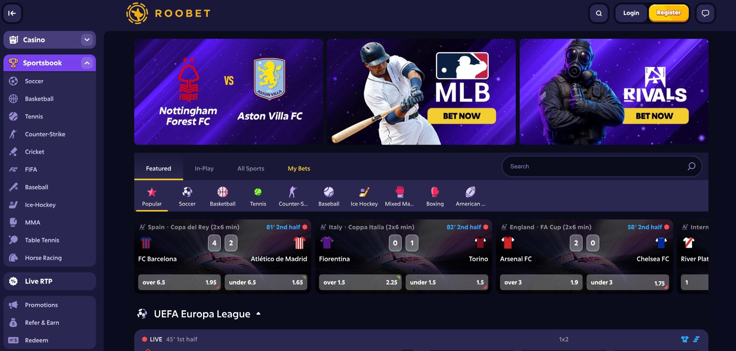 Roobet sportsbook lobby — Premier League, MLB, esports rivals, Spain/Italy/England live odds