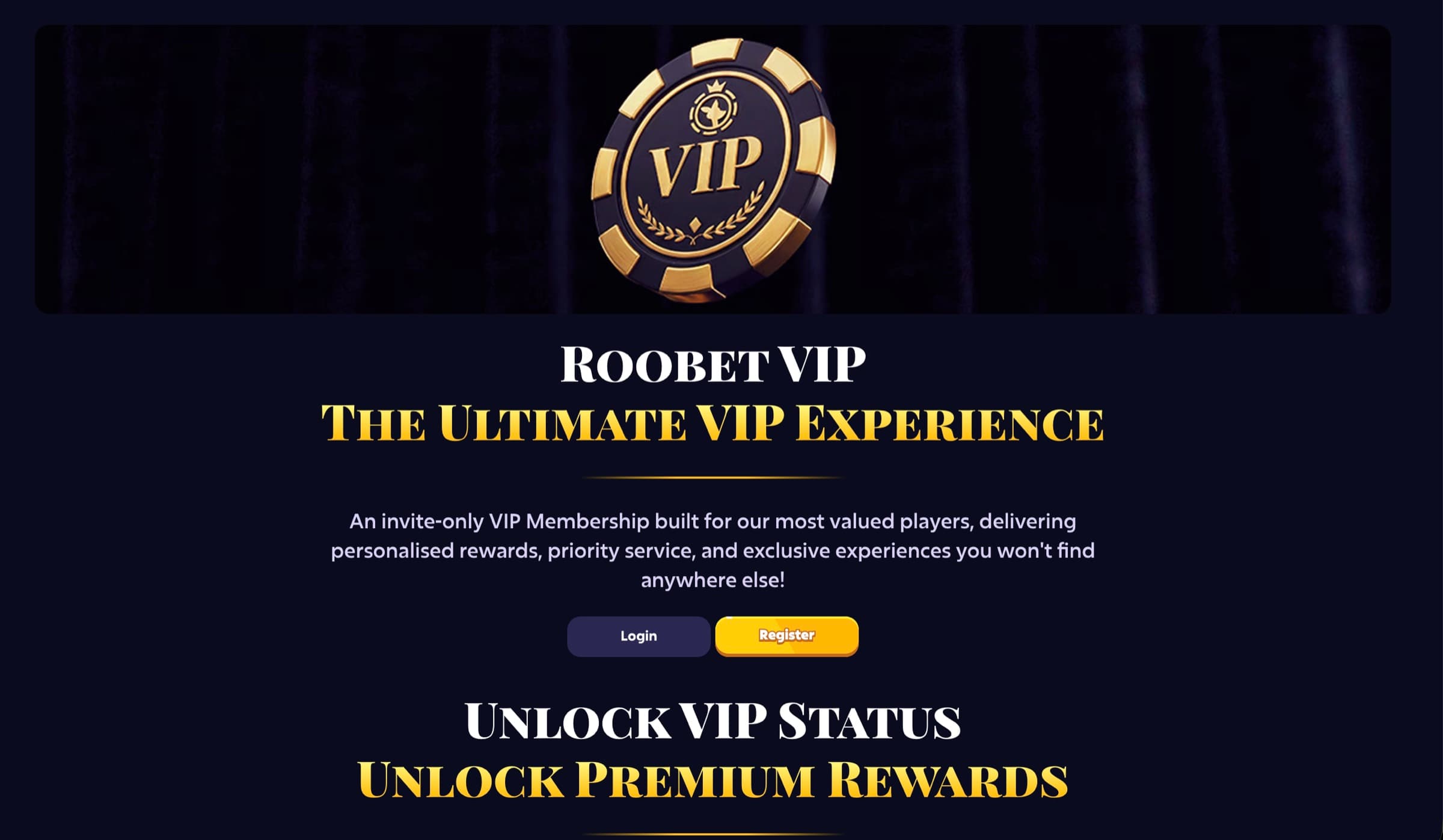 Roobet VIP — The Ultimate VIP Experience, invitation-only banner with Login and Register CTAs
