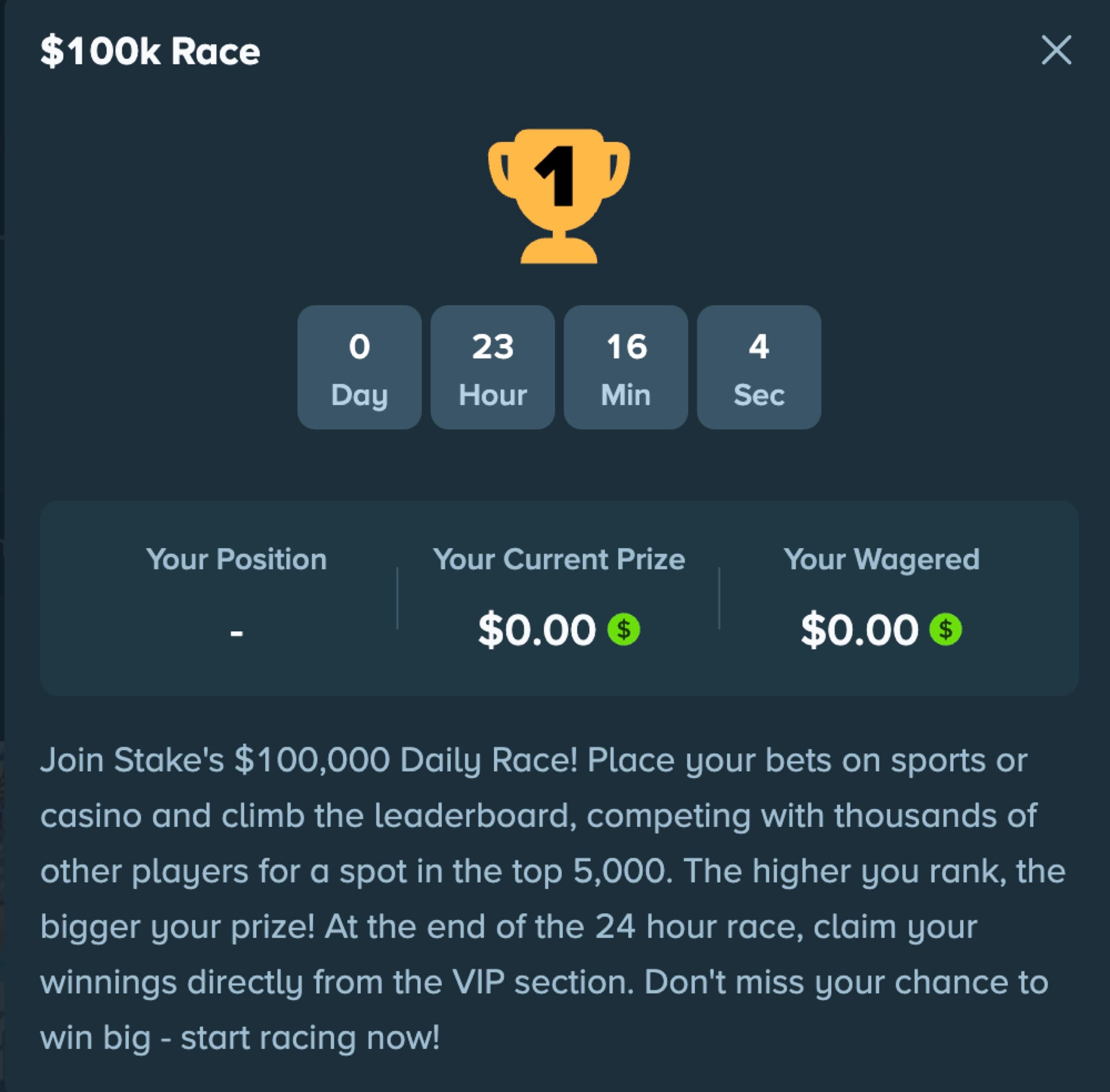 Stake $100,000 Daily Race modal with countdown timer and player position, current prize and wagered amount fields