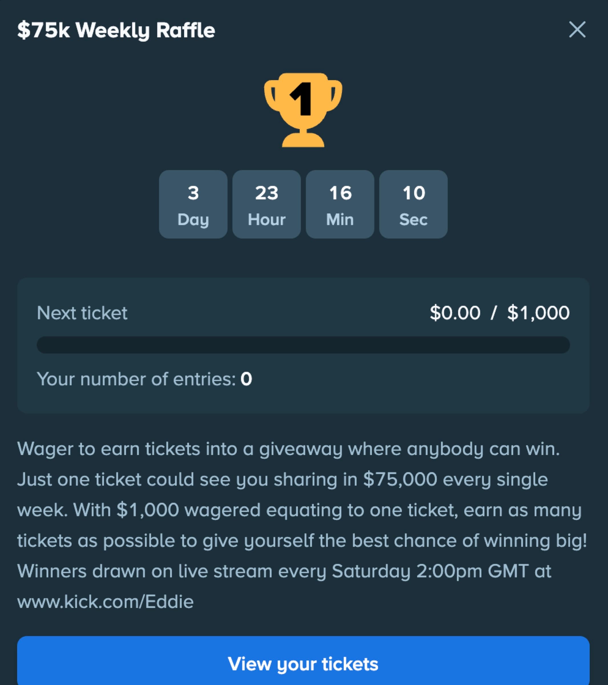 Stake $75,000 Weekly Raffle modal showing one ticket per $1,000 wagered and entry tracker