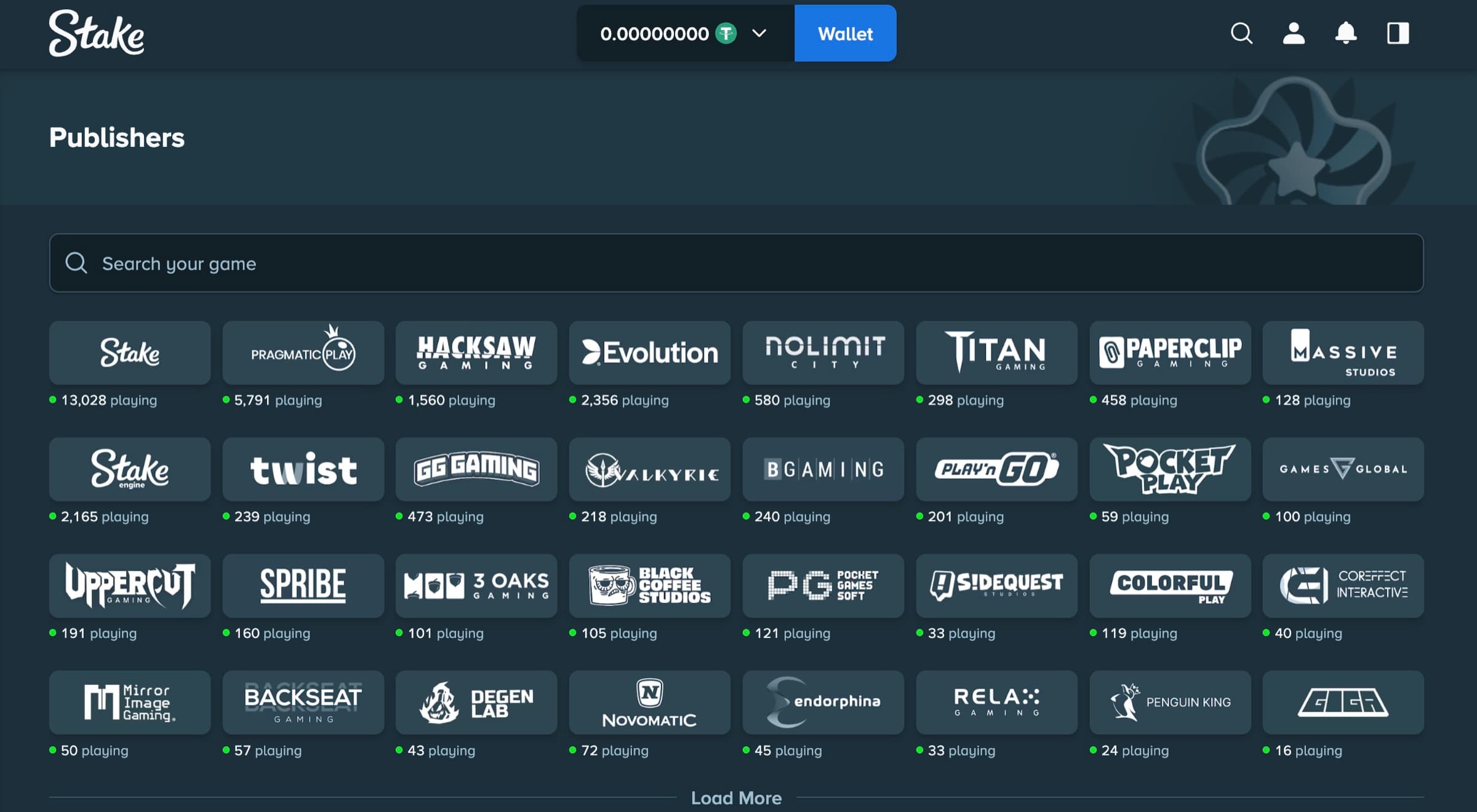 Stake game publisher filter listing Stake Originals, Pragmatic Play, Hacksaw, Evolution, Nolimit City, Titan, Paperclip and Massive Studios