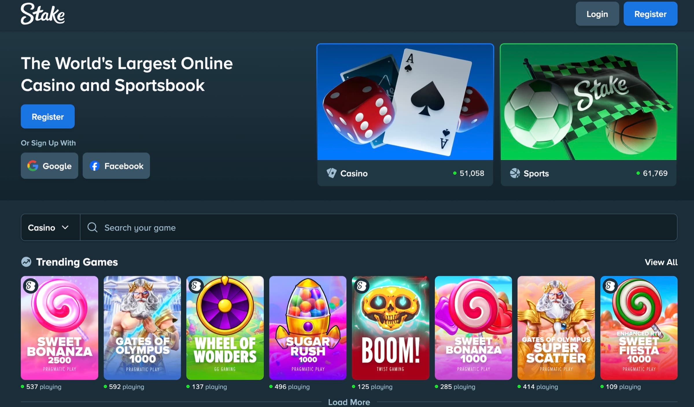 Stake homepage lobby with Casino and Sports tiles, live concurrent player counts and Trending Games carousel