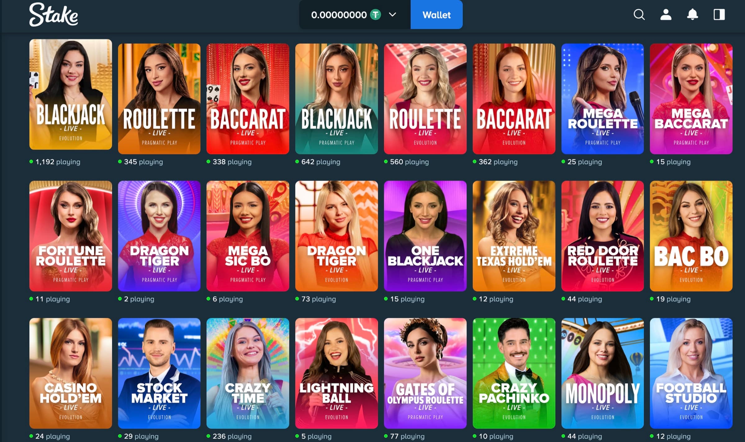 Stake Live Casino lobby with Pragmatic Play tables — Blackjack Live, Roulette Live, Baccarat Live, Mega variants and game-show formats with live player counts