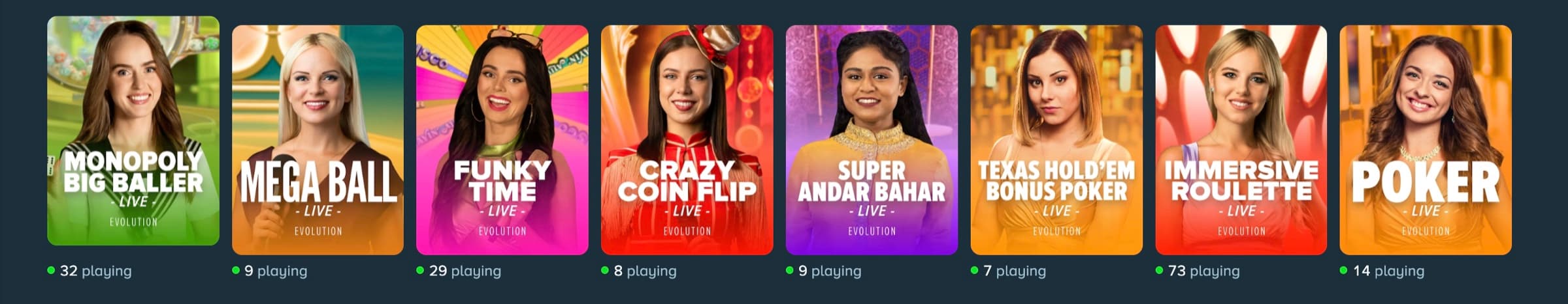 Stake live game shows row featuring Monopoly Big Baller, Mega Ball, Funky Time, Crazy Coin Flip, Super Andar Bahar, Texas Hold'em Bonus Poker, Immersive Roulette