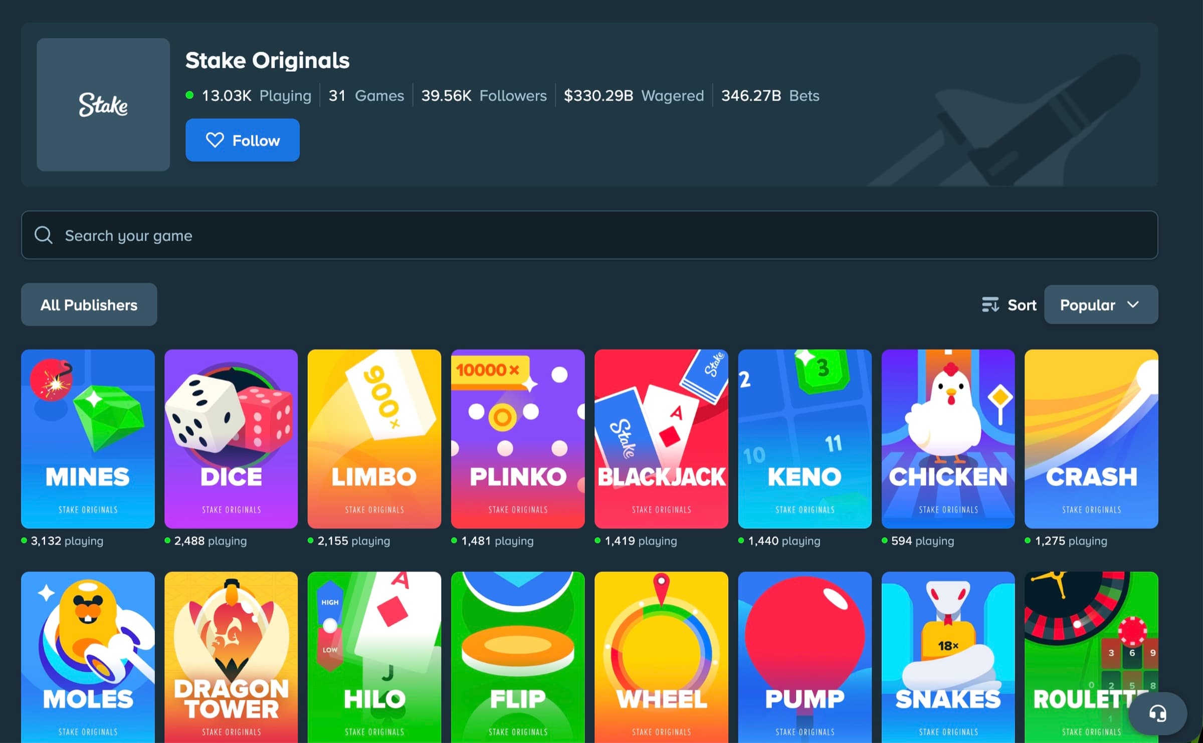 Stake Originals lobby showing Mines, Dice, Limbo, Plinko, Blackjack, Keno, Chicken, Crash, Moles, Dragon Tower and other in-house provably-fair titles with live player counts
