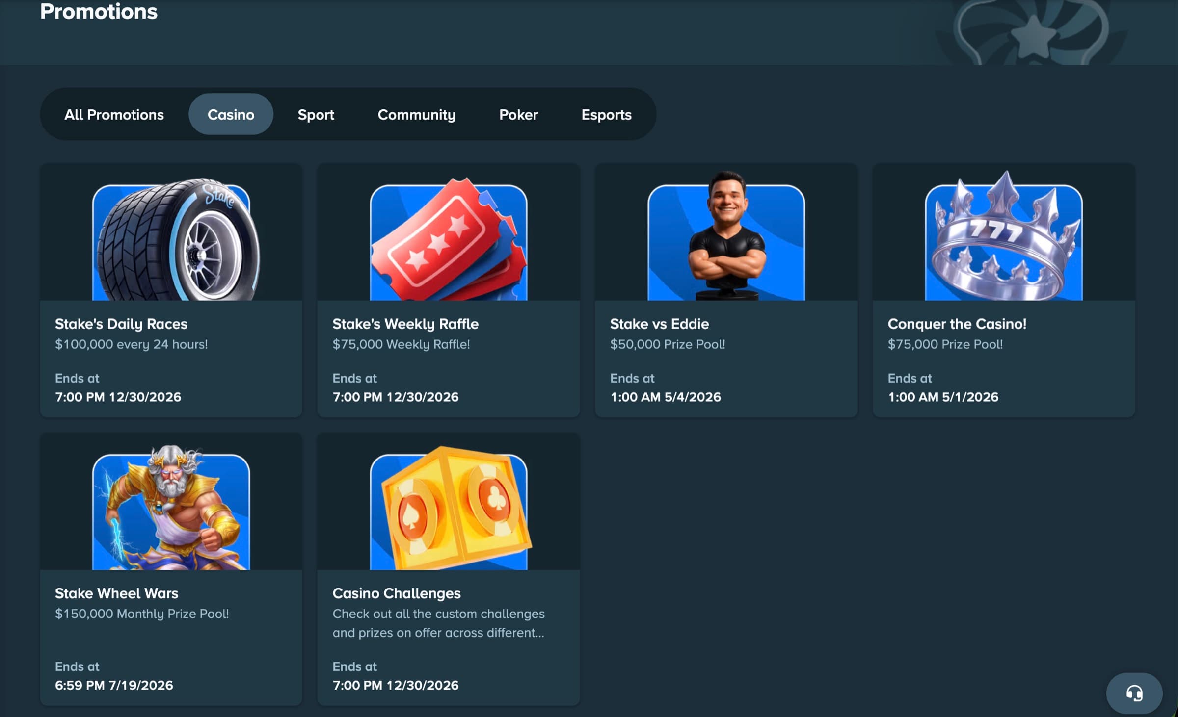 Stake casino promotions tab showing Daily Races, Weekly Raffle, Stake vs Eddie, Conquer the Casino, Wheel Wars and Casino Challenges with prize pools and end dates