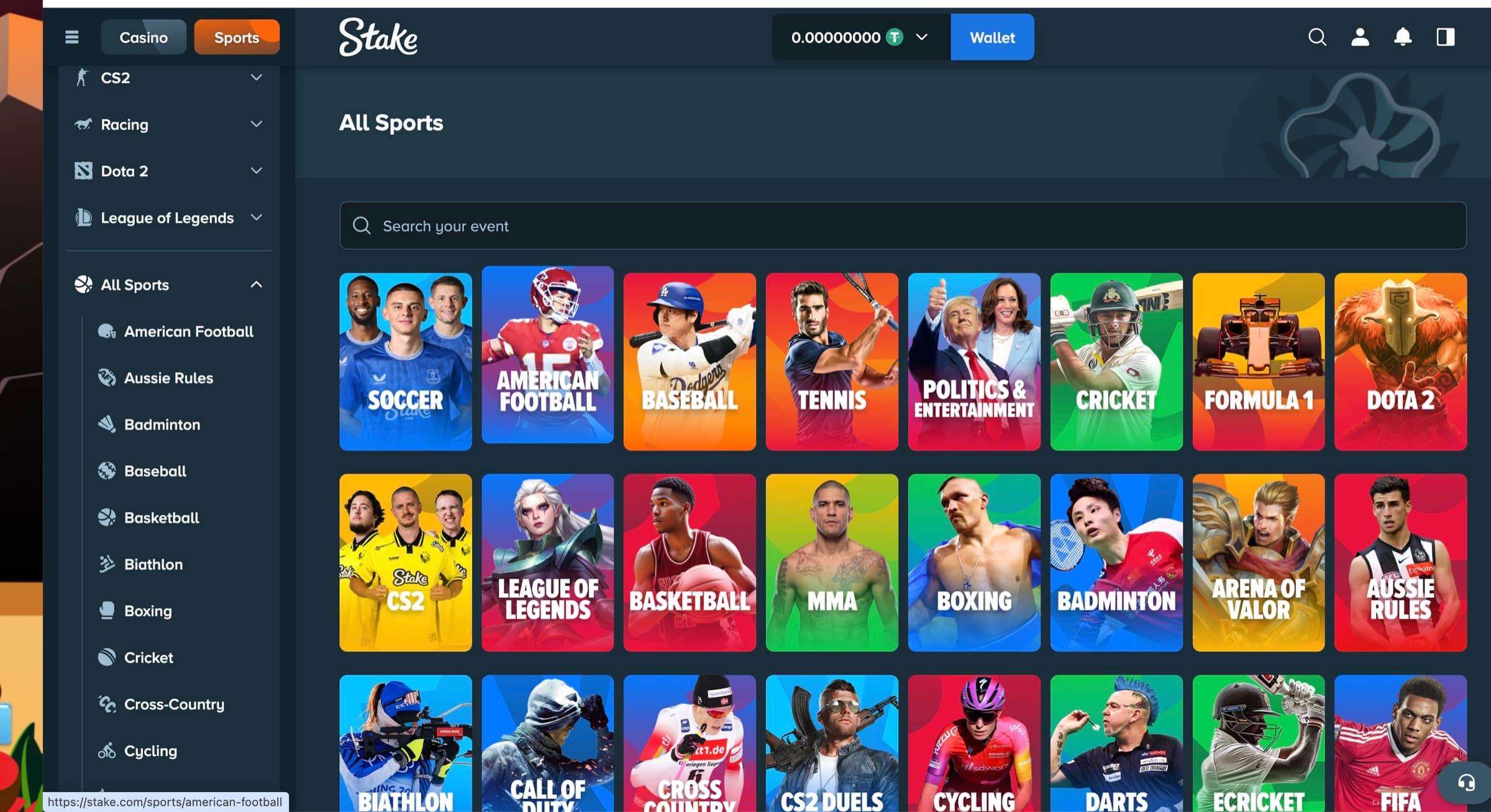 Stake sportsbook all-sports lobby showing Soccer, American Football, Baseball, Tennis, Politics and Entertainment, Cricket, Formula 1, Dota 2 and many more category tiles