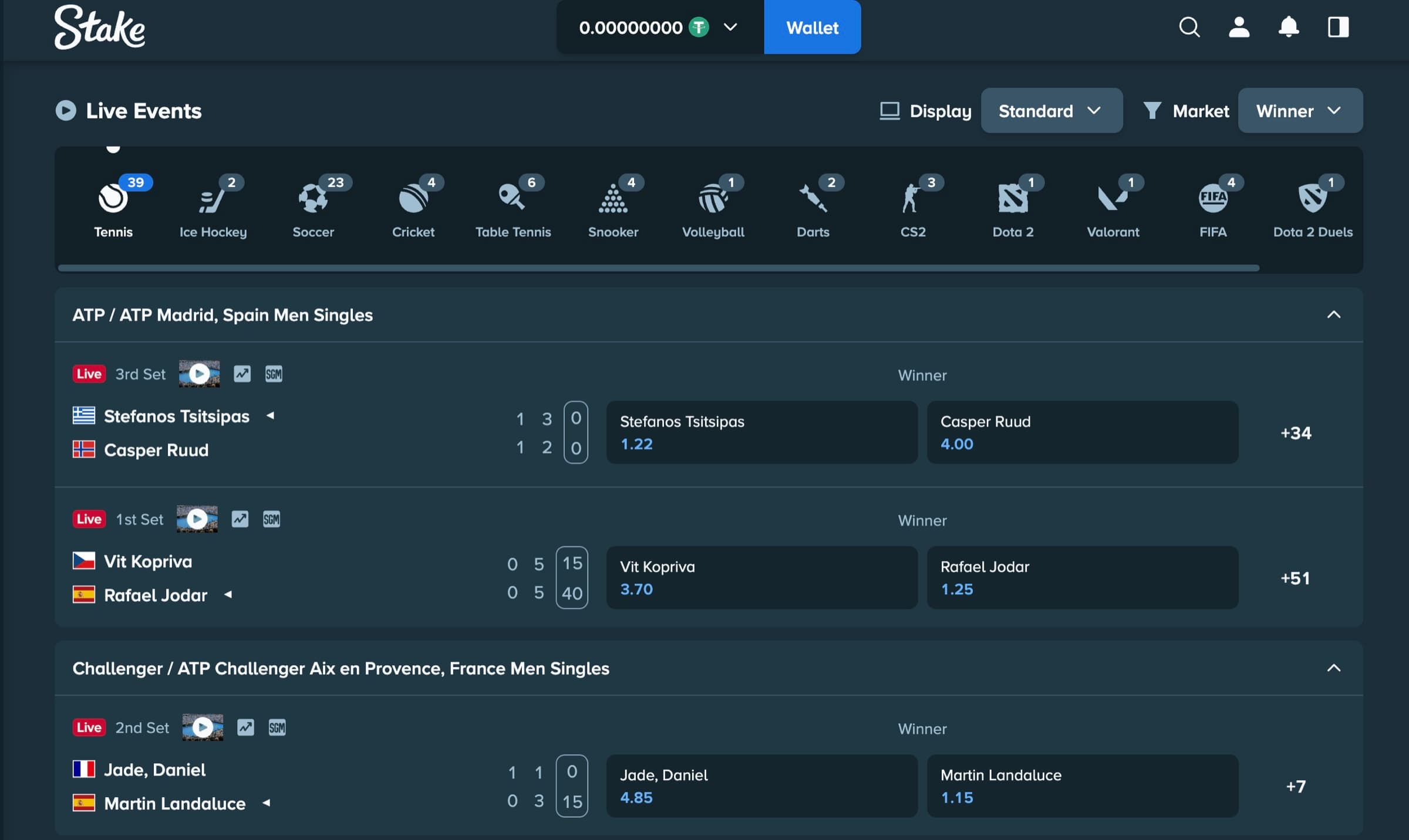 Stake live sportsbook events grid showing concurrent tennis, ice hockey, soccer, cricket, table tennis, snooker, volleyball, darts, CS2, Dota 2, Valorant and FIFA matches with live odds