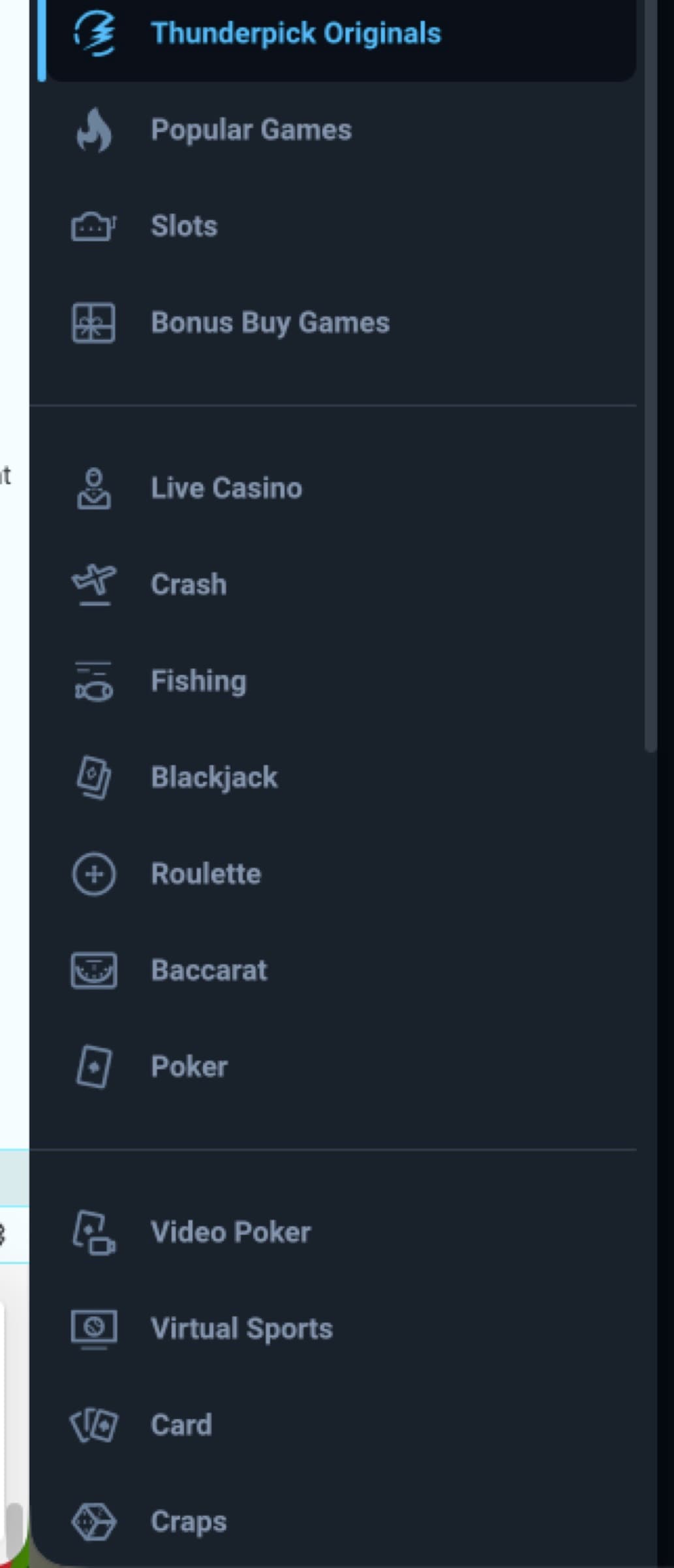Thunderpick casino category sidebar listing Thunderpick Originals, Popular Games, Slots, Bonus Buy Games, Live Casino, Crash, Fishing, Blackjack, Roulette, Baccarat, Poker, Video Poker, Virtual Sports, Card, Craps