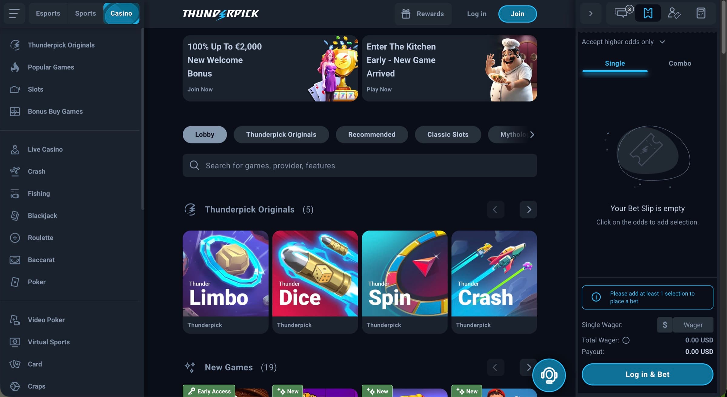Thunderpick casino lobby with 100% up to €2,000 New Welcome Bonus banner, Enter The Kitchen Early - New Game Arrived banner, Lobby/Thunderpick Originals/Recommended/Classic Slots/Mythics tabs, search field, Originals row showing Limbo, Dice, Spin, Crash and a New Games row below
