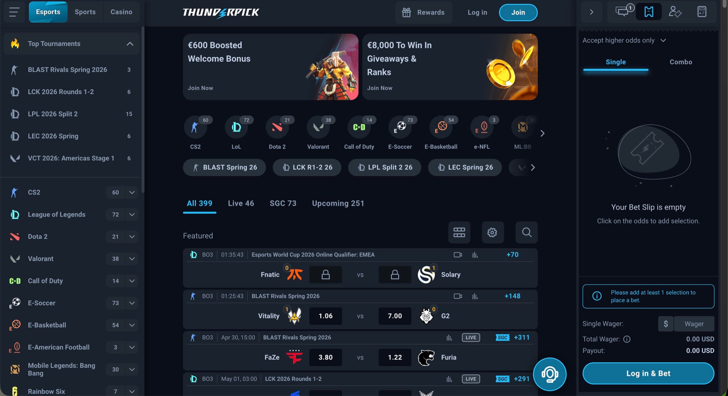 Thunderpick esports lobby with Top Tournaments sidebar (BLAST Spring 26, LCK R1-2, LPL Split 2, LEC, VCT 26 Americas), bet slip on the right, featured matches Fnatic vs Solary 1.06/7.00, Vitality vs G2 BLAST 1.06/7.00, FaZe vs Furia 3.80/1.22, plus 18-title sport list down the left rail