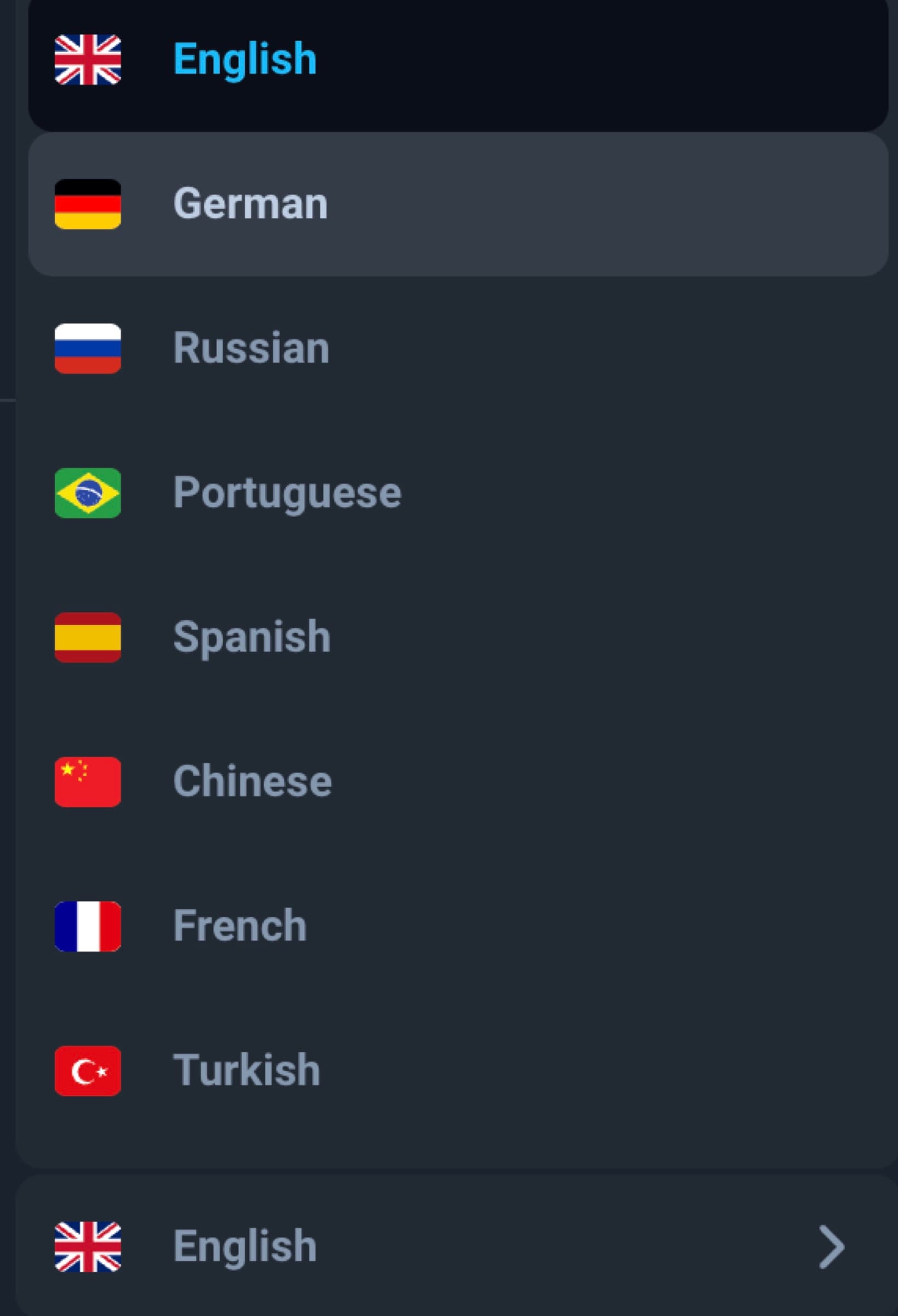 Thunderpick language picker showing 8 languages: English (selected), German, Russian, Portuguese, Spanish, Chinese, French, Turkish