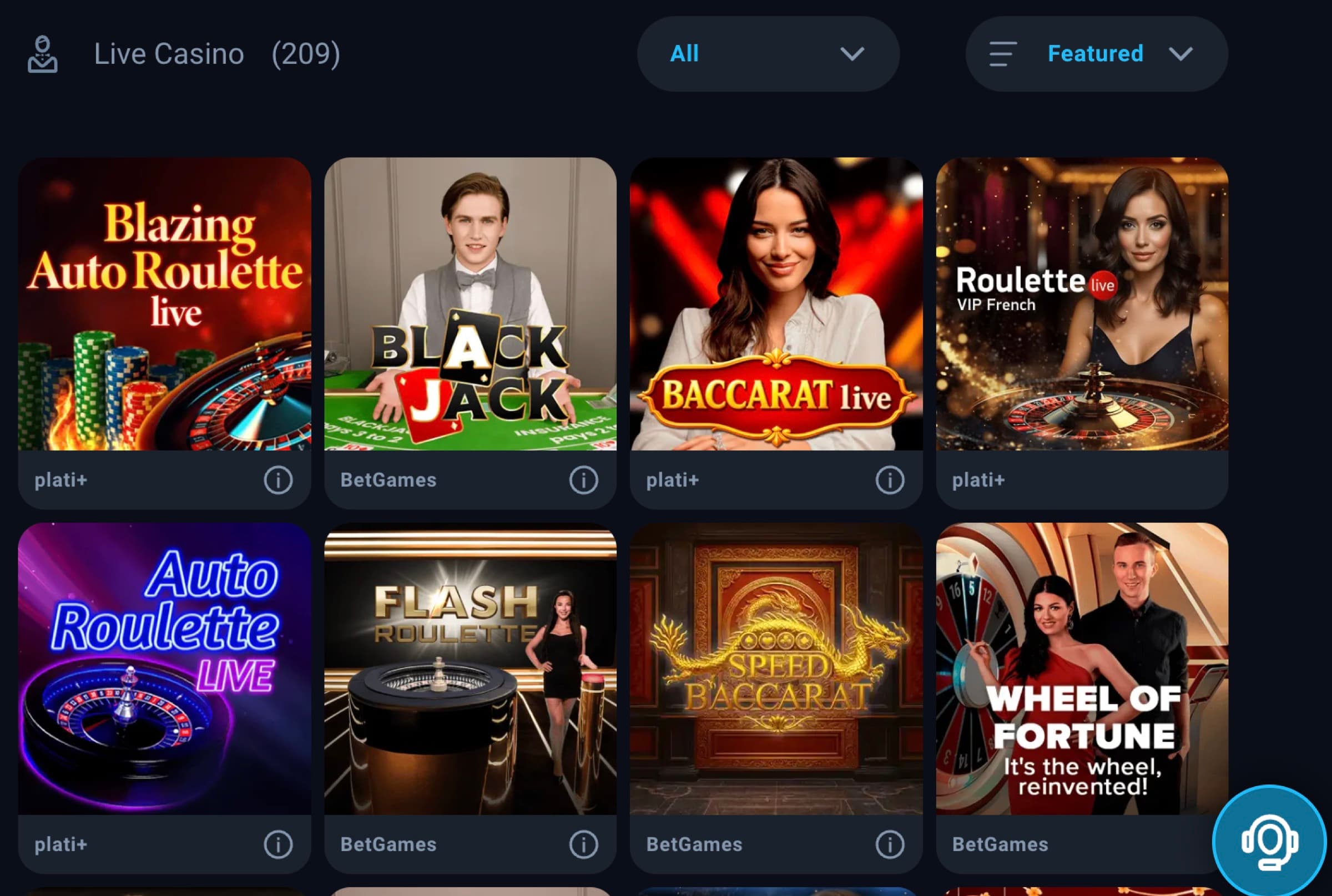 Thunderpick Live Casino tab with 209 tables — Blazing Auto Roulette live (plati+), Black Jack (BetGames), Baccarat Live (plati+), Roulette VIP French live (plati+), Auto Roulette Live (plati+), Flash Roulette (BetGames), Speed Baccarat (BetGames), Wheel of Fortune It's the wheel reinvented (BetGames) — All / Featured filter dropdowns
