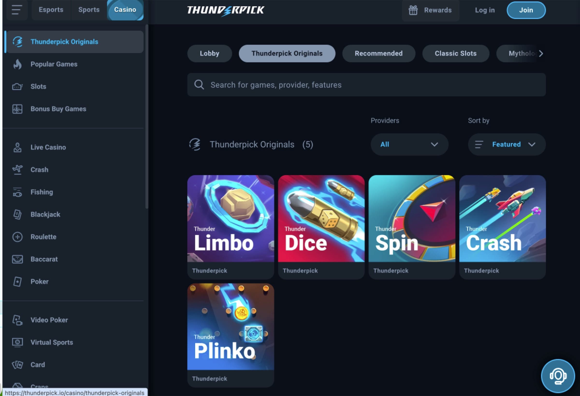 Thunderpick Originals tab showing 5 in-house games — Limbo, Dice, Spin, Crash, Plinko — with the casino category sidebar on the left