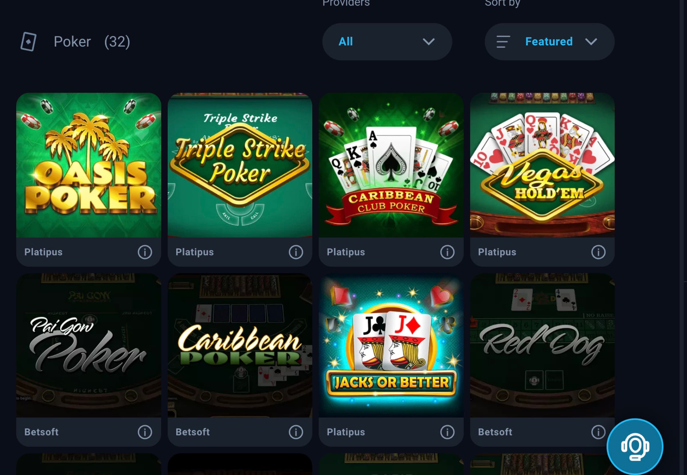 Thunderpick Poker tab with 32 variants — Oasis Poker (Platipus), Triple Strike Poker (Platipus), Caribbean Club Poker (Platipus), Vegas Hold'em (Platipus), Pai Gow Poker (Betsoft), Caribbean Poker (Betsoft), Jacks or Better (Platipus), Red Dog (Betsoft) — Provider All / Sort by Featured filters