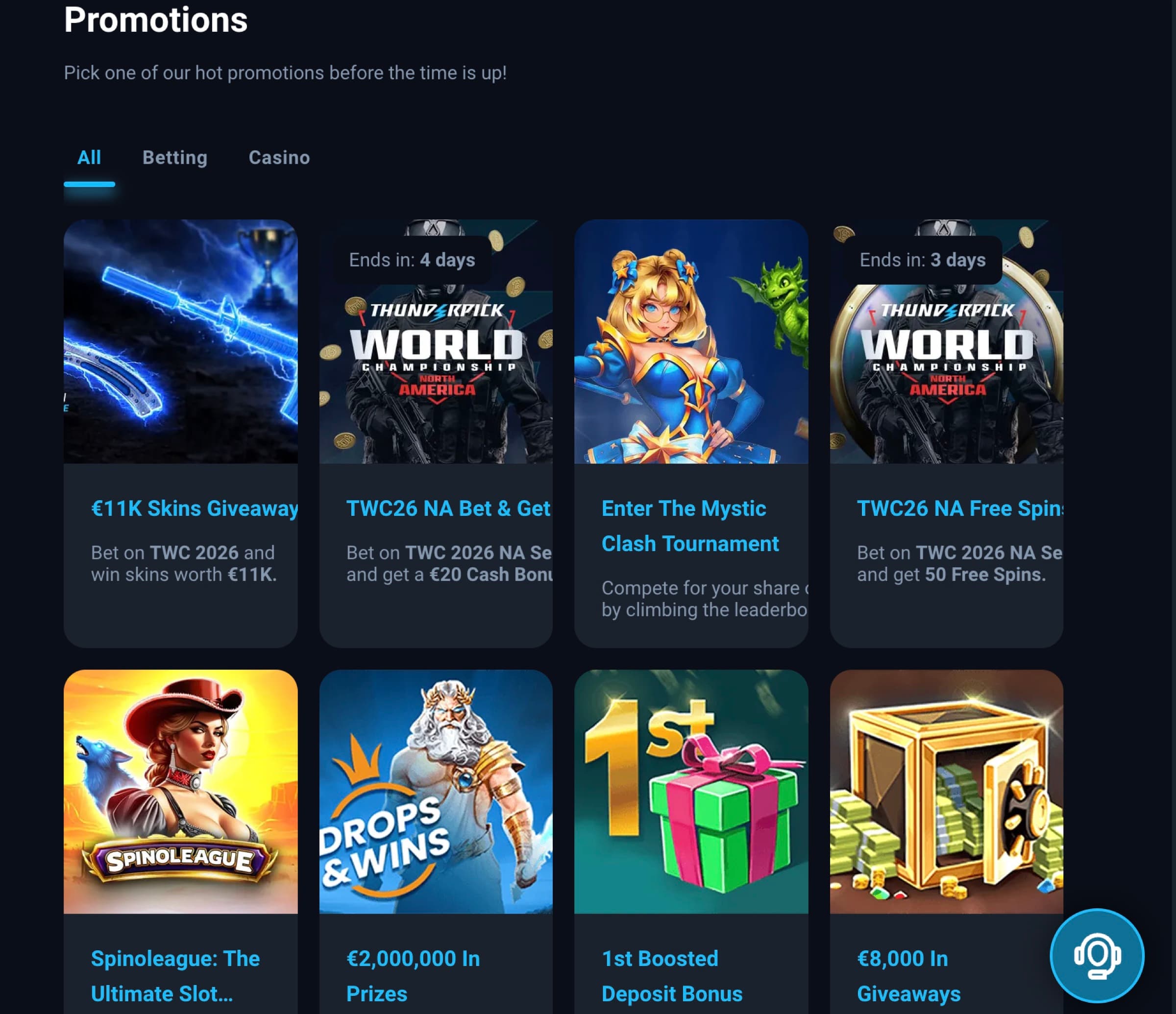 Thunderpick promotions hub with All/Betting/Casino tabs showing Skins Giveaway €11k, TWC26 NA Bet & Get, Mystic Clash Tournament, TWC26 NA Free Spins, Spinoleague, Drops & Wins €2m, 1st Boosted Deposit Bonus, €8k Giveaways