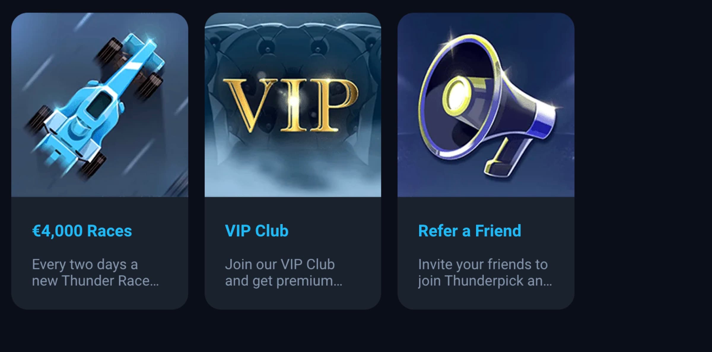 Thunderpick rewards page tiles for €4,000 Races every two days, VIP Club entry, and Refer a Friend programme