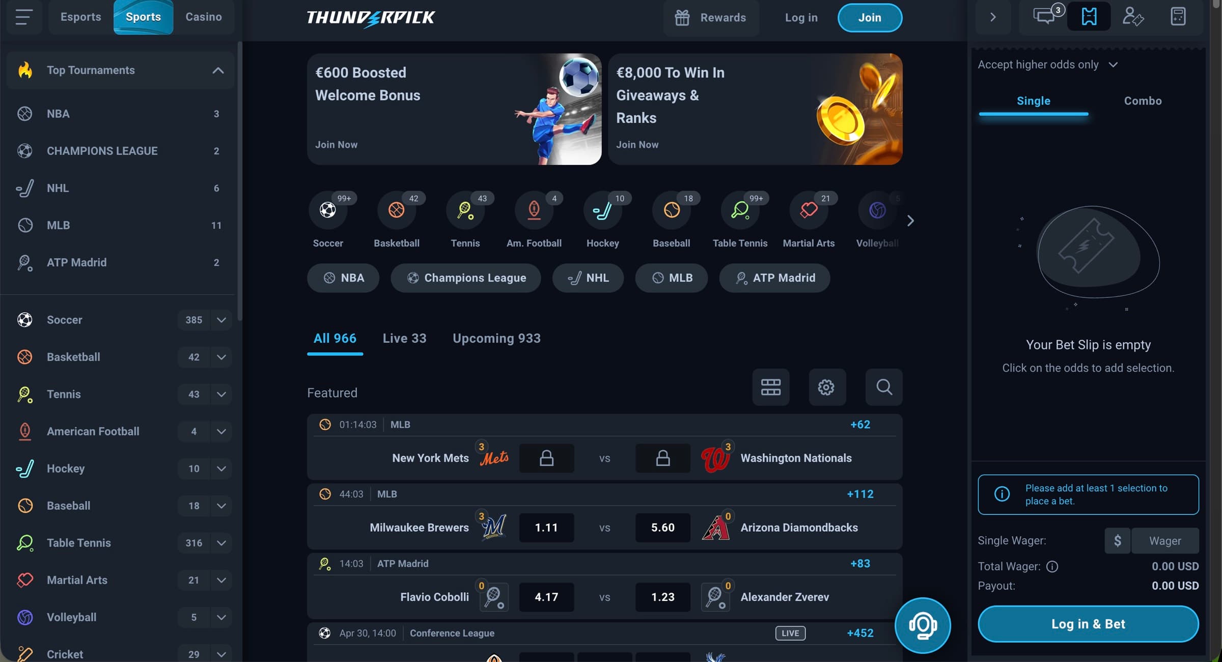 Thunderpick traditional sportsbook lobby with €600 welcome bonus banner, €8k giveaways tile, sport categories tabs (Soccer, Basketball, Tennis, Ice Hockey, Baseball, Table Tennis, Martial Arts, Volleyball, Cricket, plus NBA, Champions League, NHL, MLB, ATP Madrid pinned), 966 events on All tab with featured MLB Mets vs Nationals, MLB Brewers vs Diamondbacks, ATP Madrid Cobolli vs Zverev