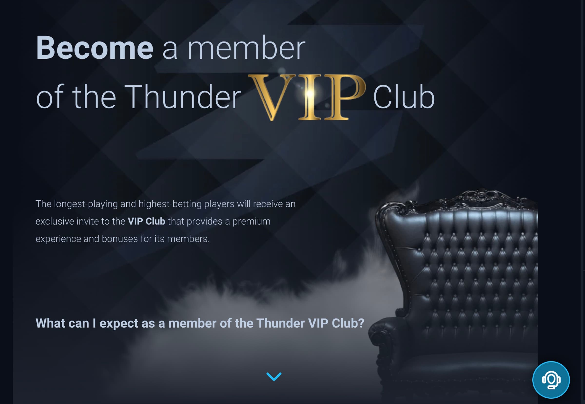 Thunderpick Thunder VIP Club page header — Become a member of the Thunder VIP Club, longest-playing and highest-betting players invited, premium experience and bonuses